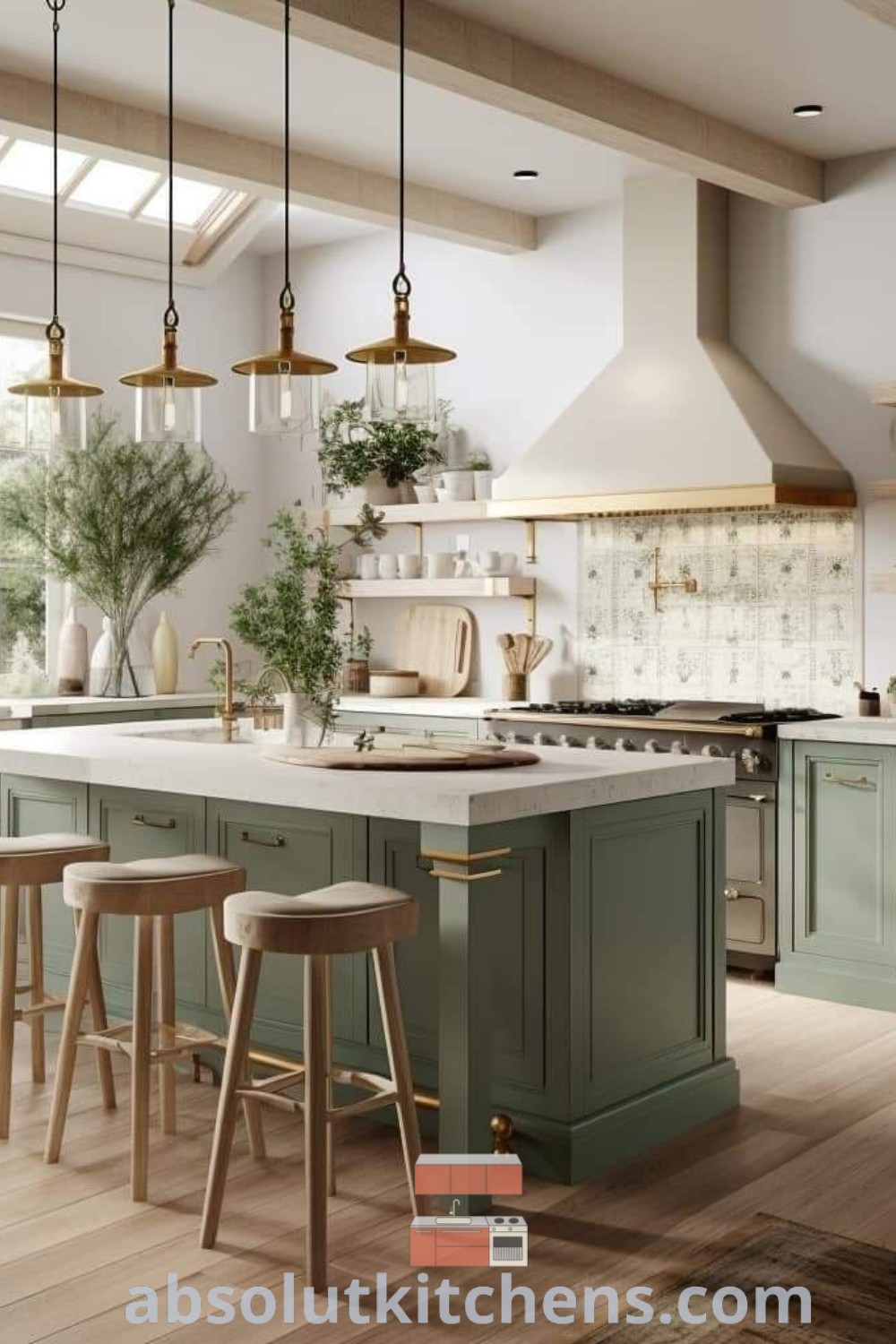 A bright kitchen with green cabinets and stools around a central island in front of a window, showcasing a cozy aesthetic that embodies green kitchen inspiration and farmhouse kitchen design. Discover design tips and decorating ideas for small spaces at absolutkitchens.com.