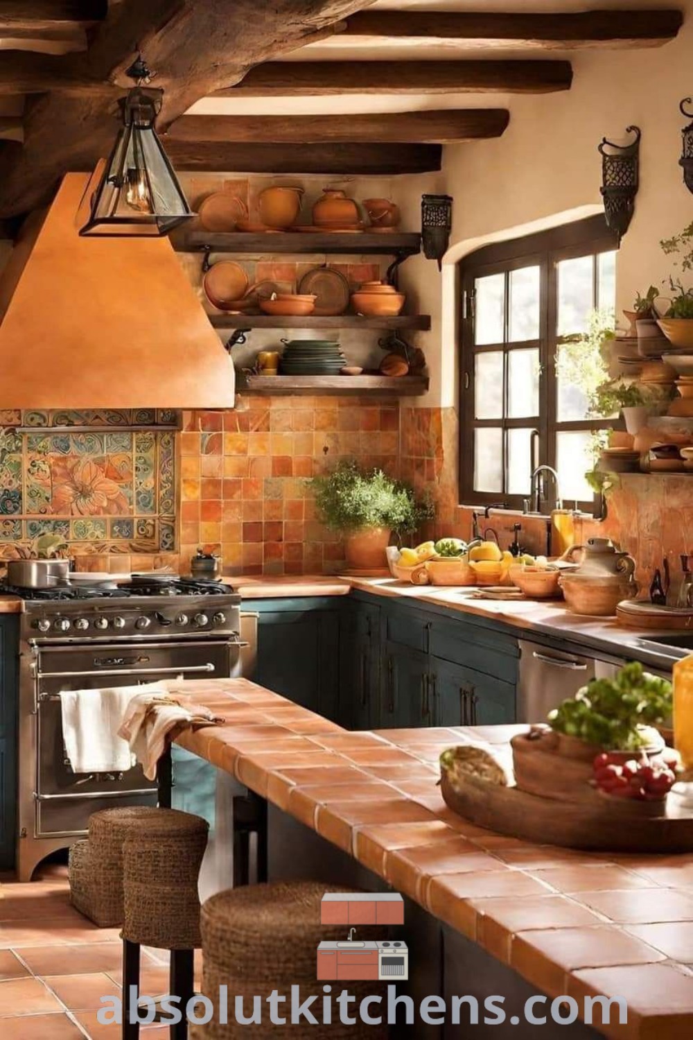 A spacious kitchen showcasing a blend of Spanish and Italian tiles, with lots of counter space beside a stove top oven and sink. This rustic Italian kitchen decor exemplifies Tuscan style, offering cozy aesthetic ideas for house or apartment design trends. For inspiring decor ideas, visit absolutkitchens.com.