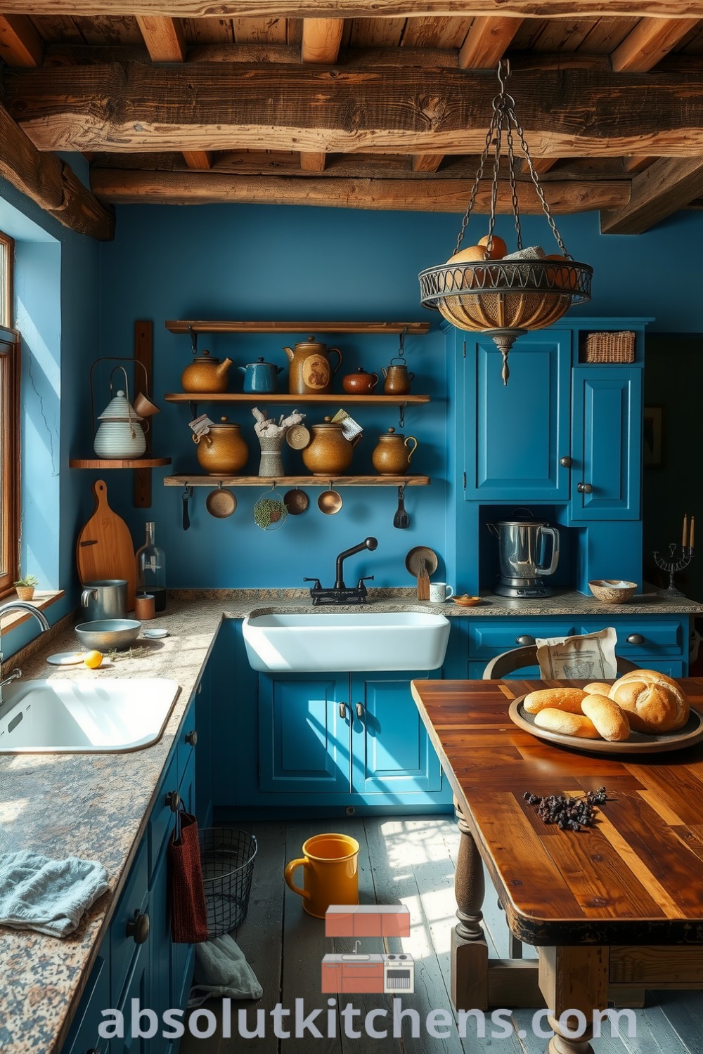 Cozy rustic kitchen with a soothing blue hue, featuring weathered wooden cabinets, stone countertops, vintage pots, and a sturdy wooden table, perfect for creating a warm and inviting atmosphere. Visit absolutkitchens.com for cozy home decor ideas.