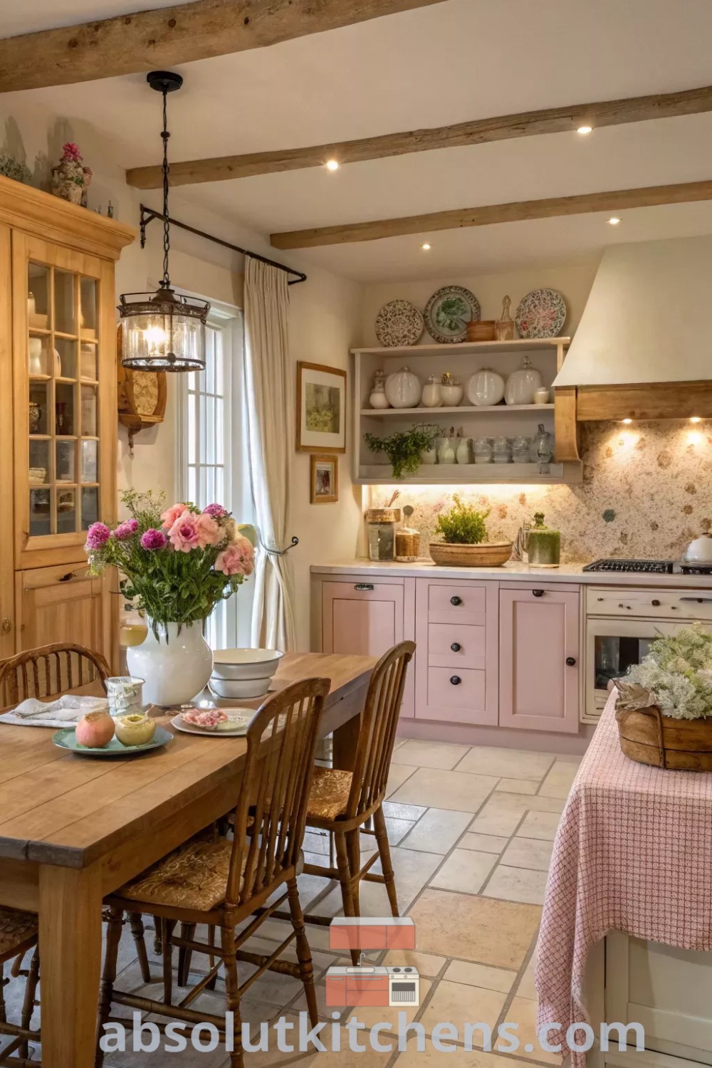 A cozy pink French country kitchen featuring wooden furniture and charming decor. This inviting space is filled with French cottage kitchen elements, offering design tips and inspiring ideas for home decor enthusiasts. Visit absolutkitchens.com for more decorating ideas and trends for your house or apartment.