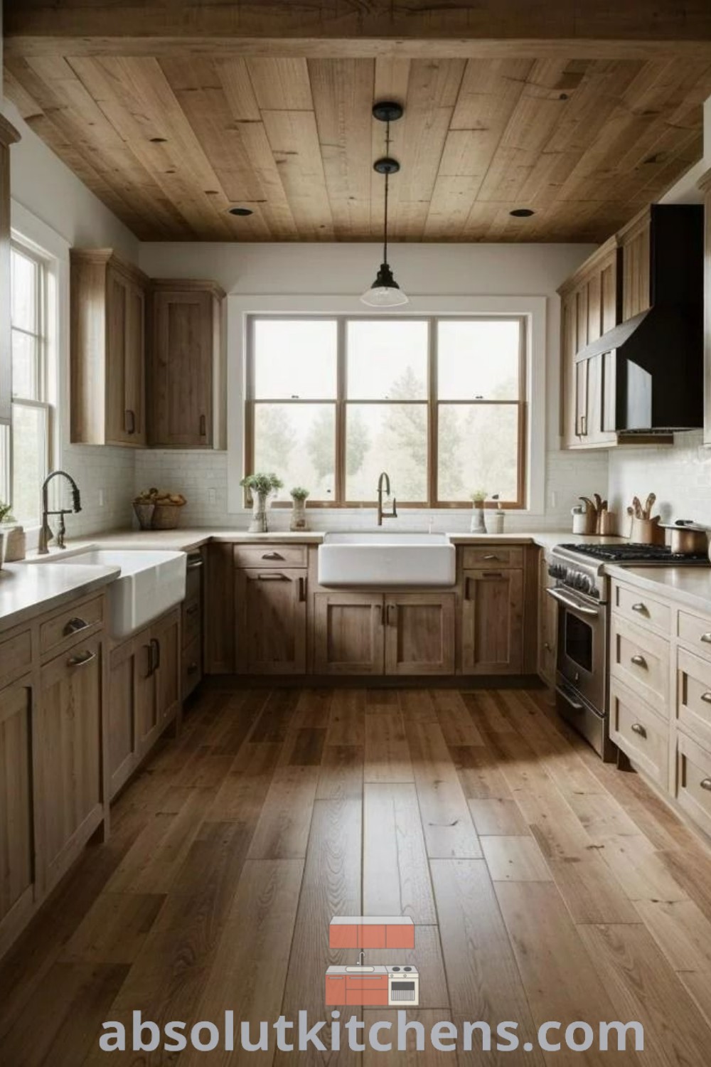 A large kitchen showcasing wood cabinets and wood floors, alongside white countertops and wood paneling on the ceiling. This modern rustic kitchen design offers inspiring decor ideas for a cozy aesthetic. Discover more kitchen inspiration at absolutkitchens.com.