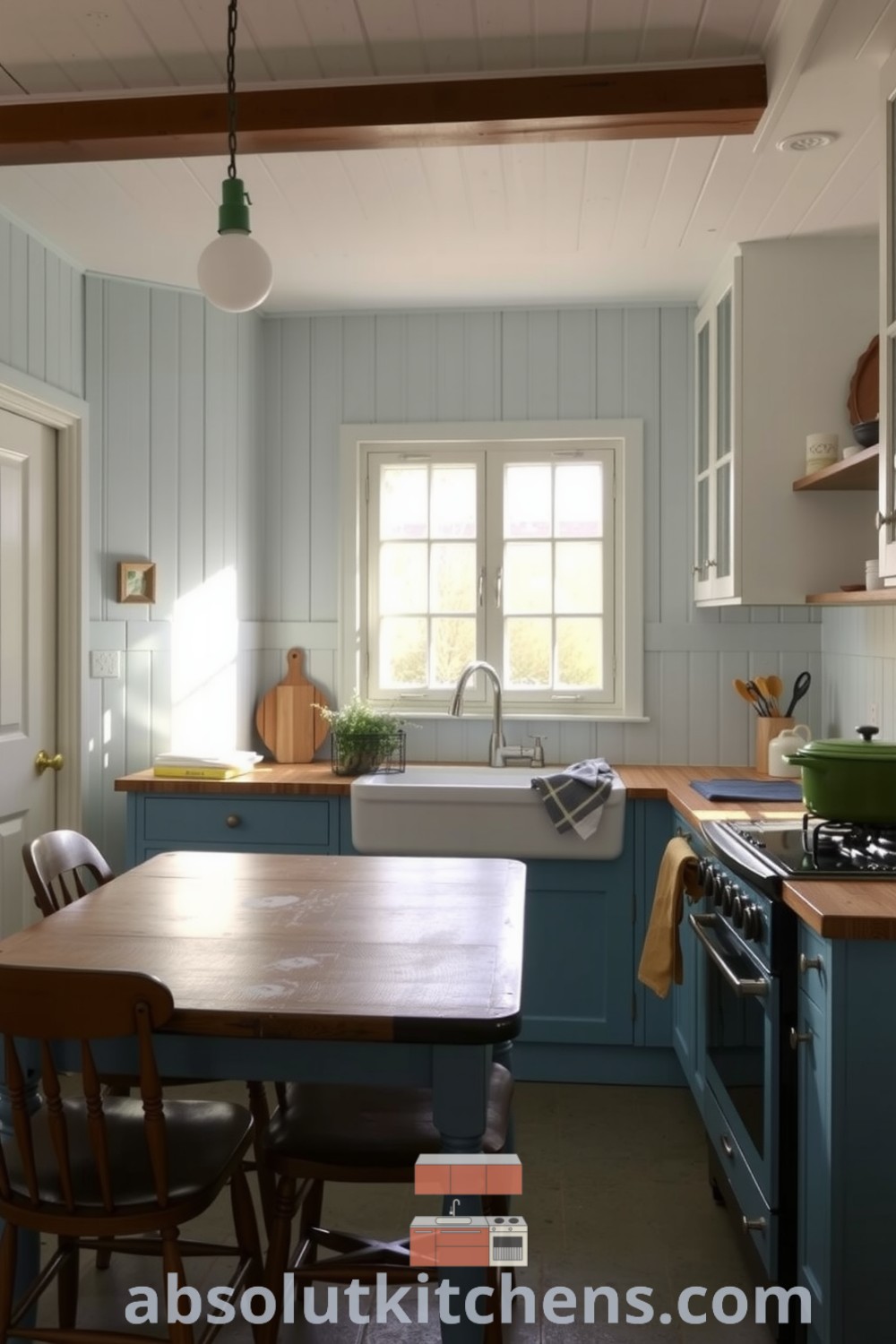 Cozy farmhouse kitchen with soft blue hues, wooden cabinets, and an oak table, featuring sunlight streaming through a window and a cast-iron pot simmering on the stove, offering inspiring decor ideas for a cozy home at absolutkitchens.com.