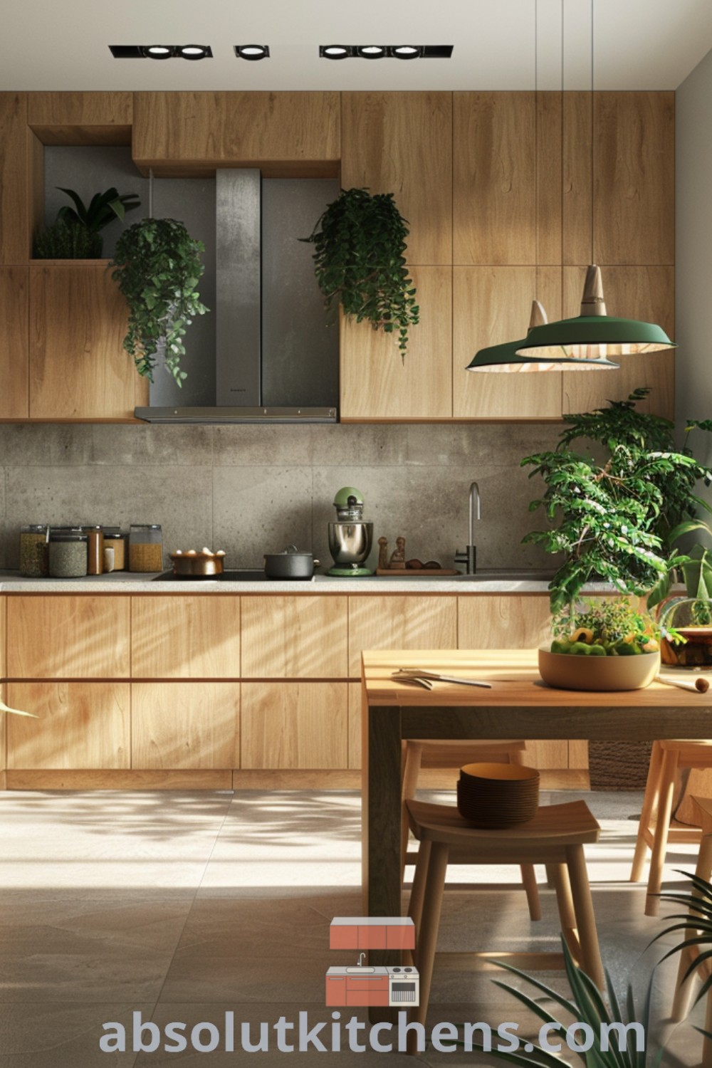 A beautifully designed Japandi kitchen rich in greenery, featuring a wooden dining table and counter adorned with potted plants. This cozy aesthetic, blending Japandi kitchen cabinets and islands, offers inspiring decor ideas for small spaces. Explore more design trends at absolutkitchens.com.
