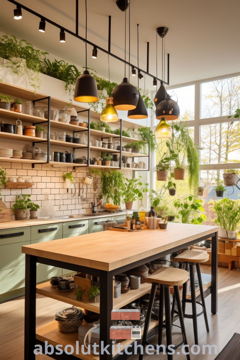 A vibrant kitchen with potted plants on the shelves and stylish hanging lights, showcasing over cabinet decor kitchen ideas and cozy aesthetics. This design offers inspiring kitchen decorating ideas for apartments and functional decor ideas for small spaces. Discover more at absolutkitchens.com.