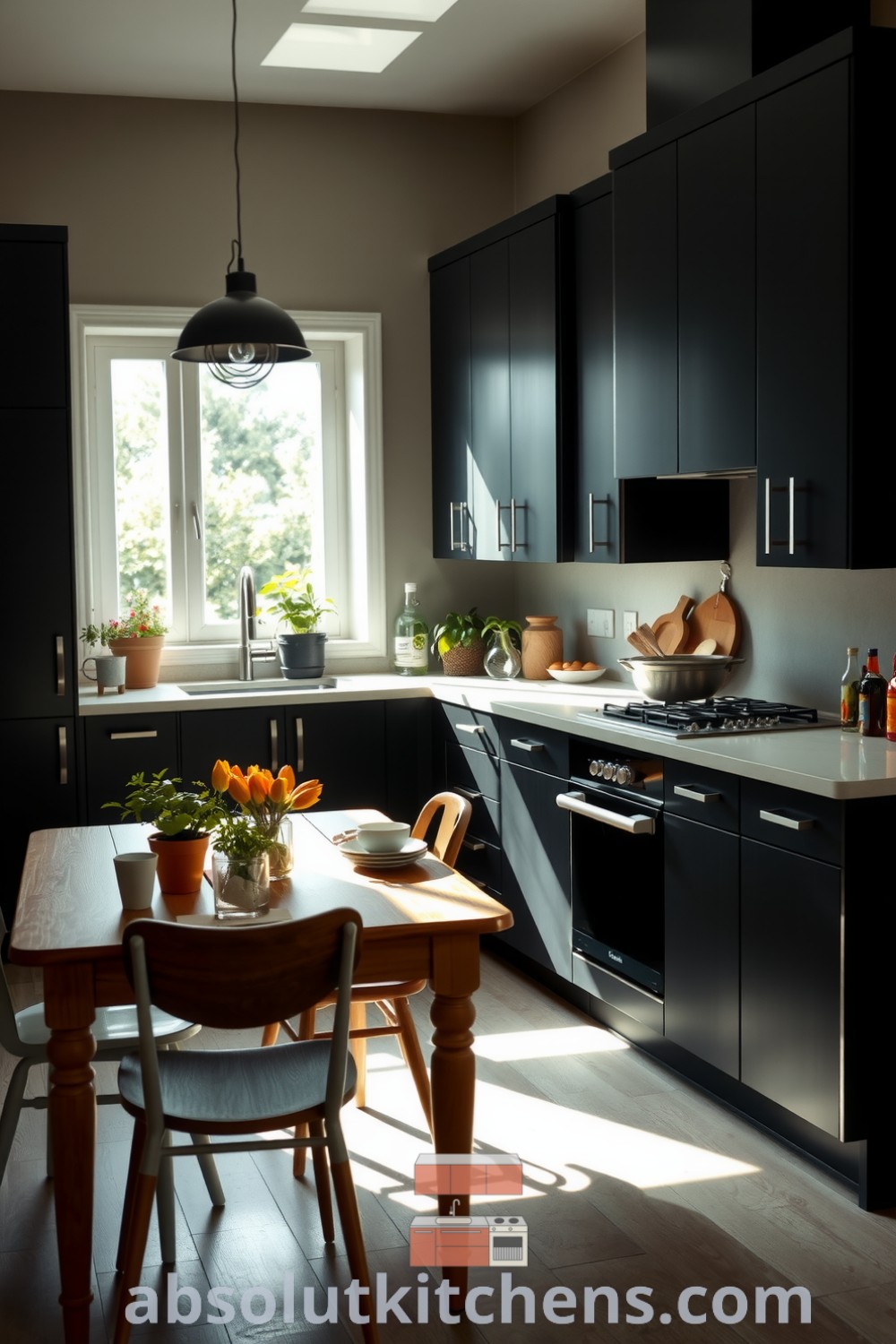 A minimalist black kitchen design featuring dark cabinets, warm wooden accents, a light stone countertop, and abundant sunlight, with herb pots and a casual wooden table setting, showcasing cozy ideas and decor inspirations for your home at fireplacesandwoodstoves.com.