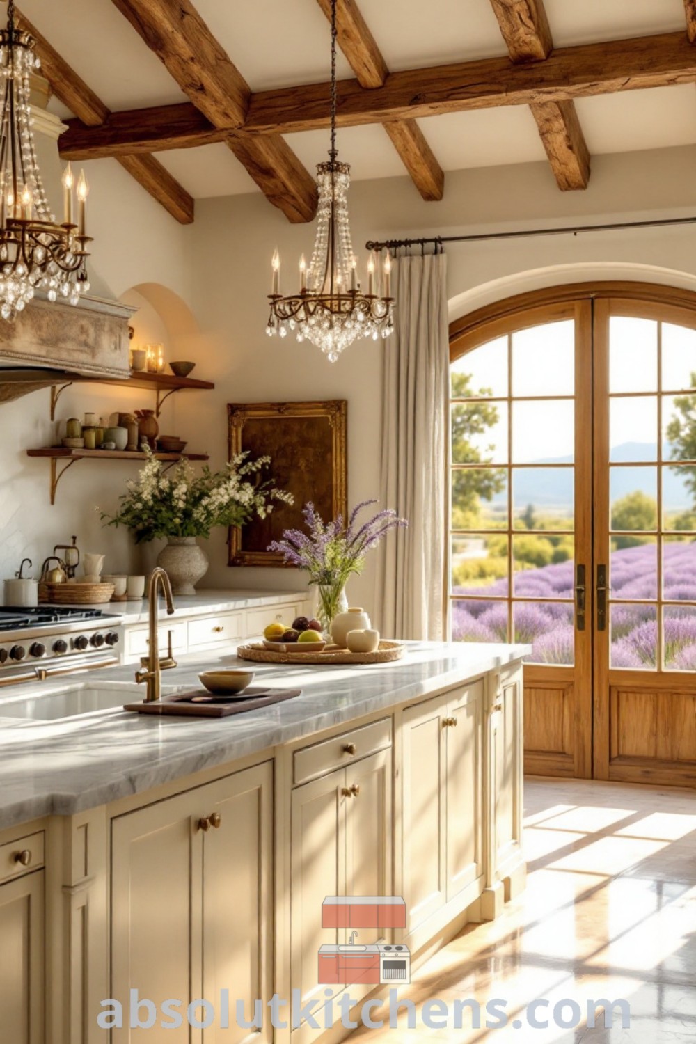 A contemporary French country kitchen with a marble-topped island, vintage chandeliers, and large arched doors showcasing mountain views. The space combines rustic charm with luxury, offering design tips and decor ideas for your home at absolutkitchens.com.