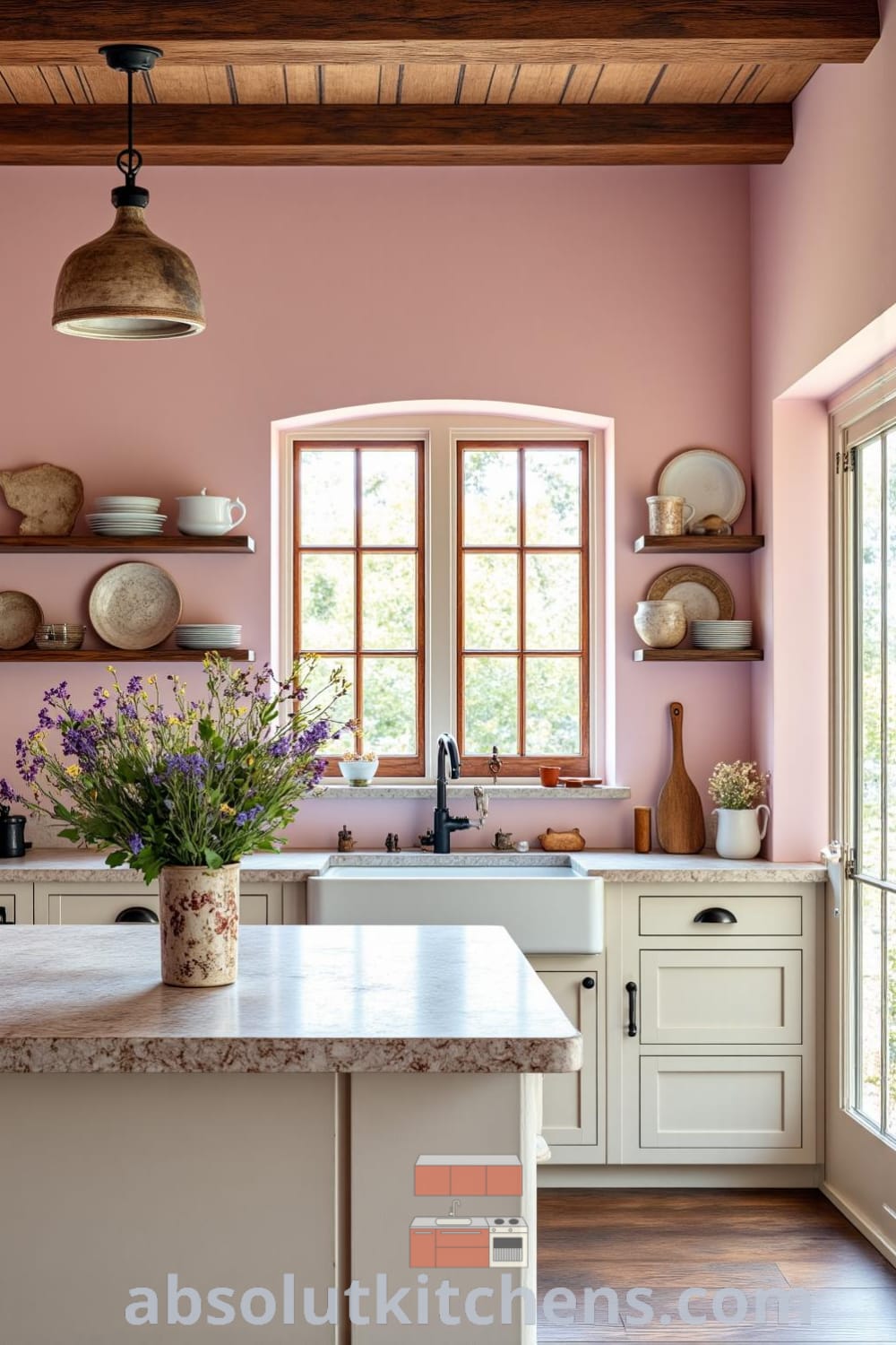 Rustic kitchen with soft pink tones, rugged wooden floors, and exposed beams, featuring a ceramic vase of wildflowers and hand-painted dishes, creating a cozy home atmosphere filled with inviting decor ideas and inspirations for your home at fireplacesandwoodstoves.com.