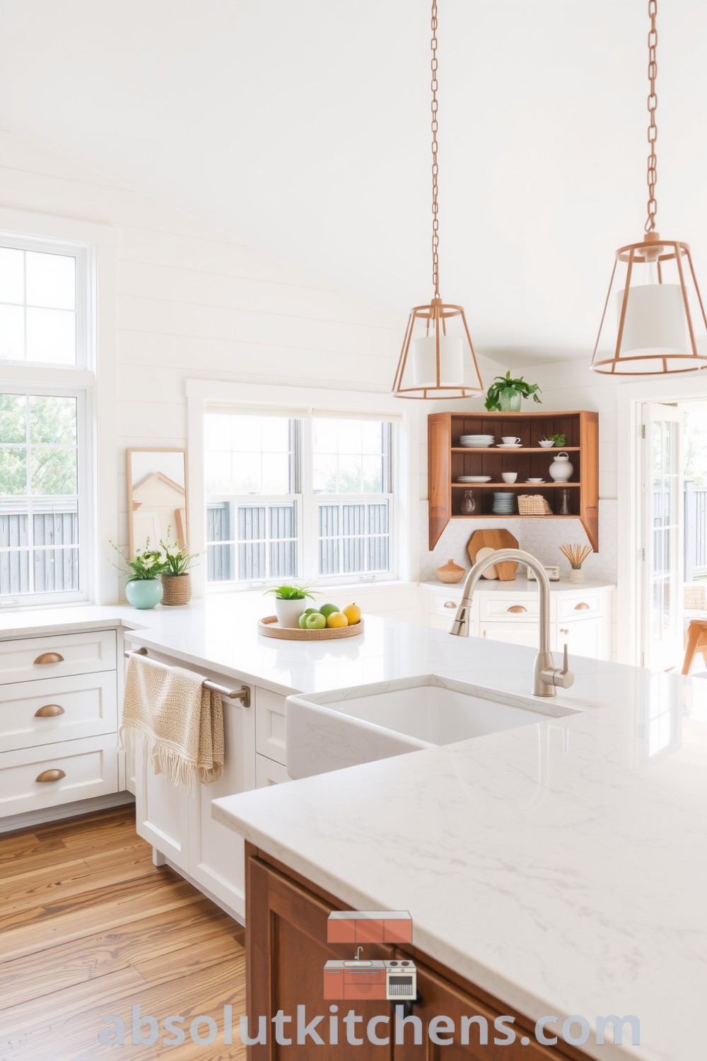 Cozy modern farmhouse kitchen with shiplap walls, weathered wood accents, and a farmhouse sink, featuring an inviting atmosphere enhanced by natural light and rustic design elements. Visit absolutkitchens.com for inspiring decor ideas.