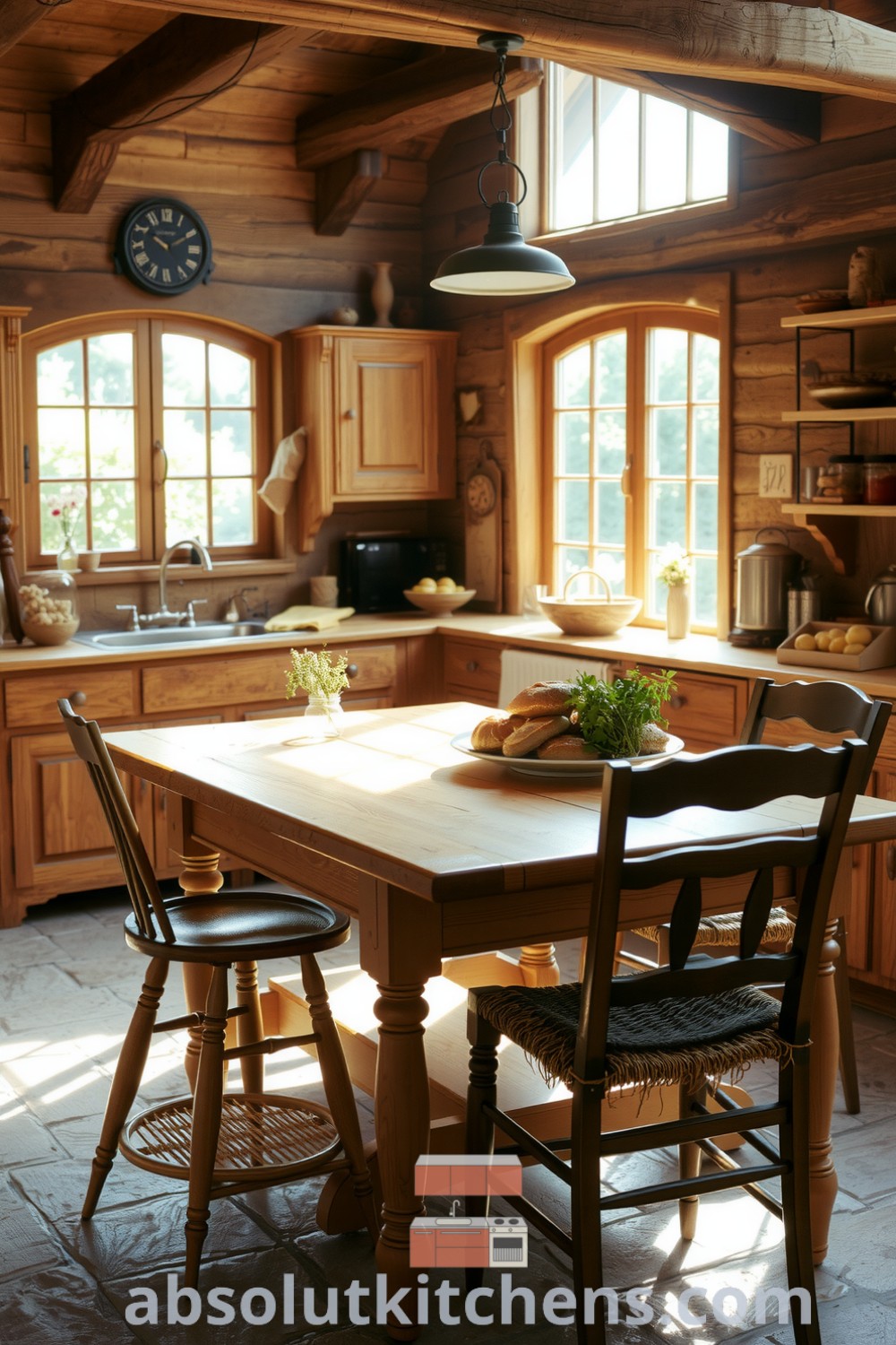 Cozy farmhouse kitchen with weathered oak cabinetry, wooden beams, a central farmhouse table surrounded by mismatched chairs, and sunlight streaming through wide windows, along with fragrant herbs on the windowsill, showcasing cozy ideas and decor inspirations for your home at absolutkitchens.com.
