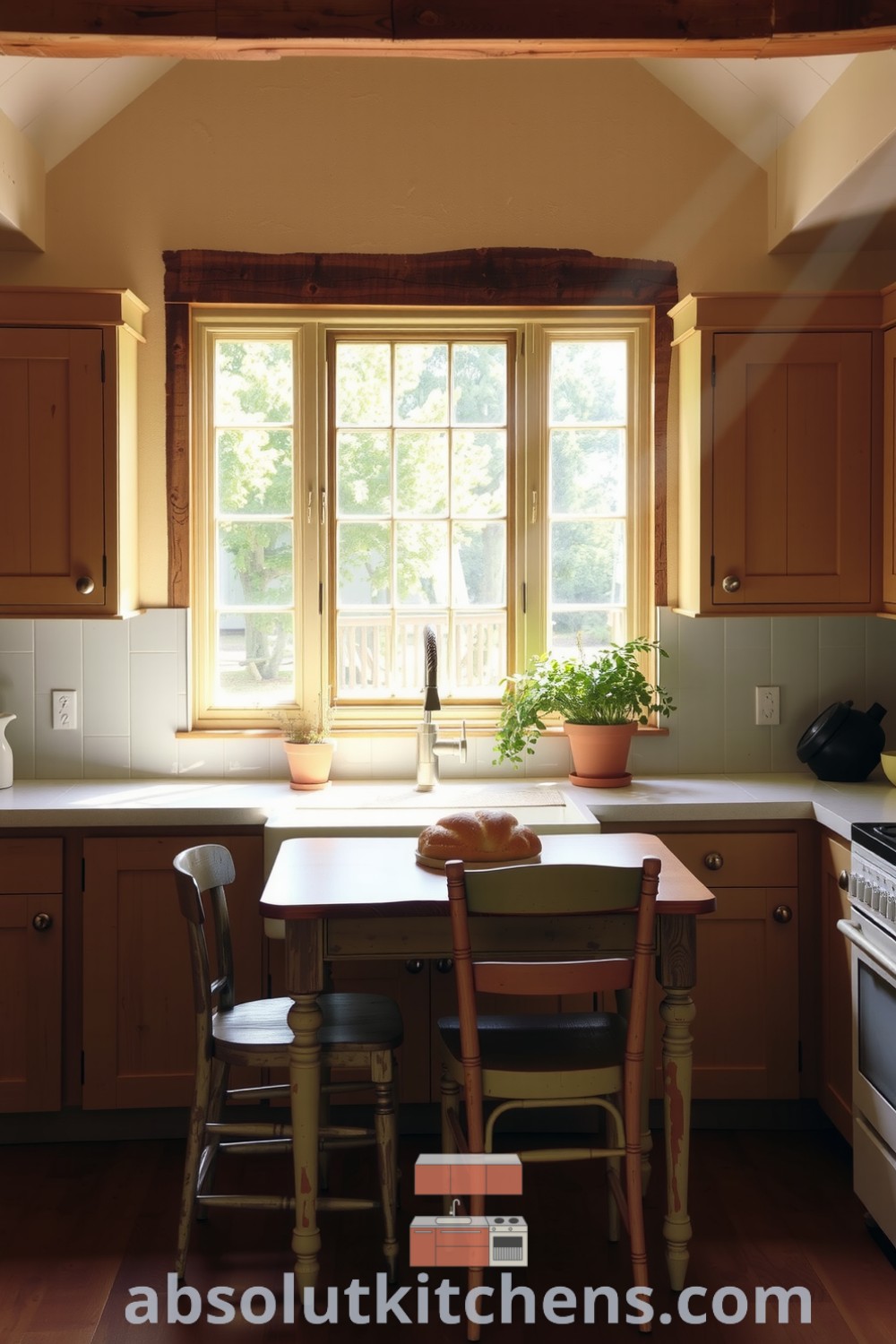Cozy farmhouse kitchen with sunlight streaming through a large window, featuring rough-hewn wooden cabinets, a distressed table surrounded by mismatched chairs, and a deep sink framed by potted herbs, creating a warm and inviting atmosphere for family gatherings. Visit absolutkitchens.com for inspiring decor ideas for your home.