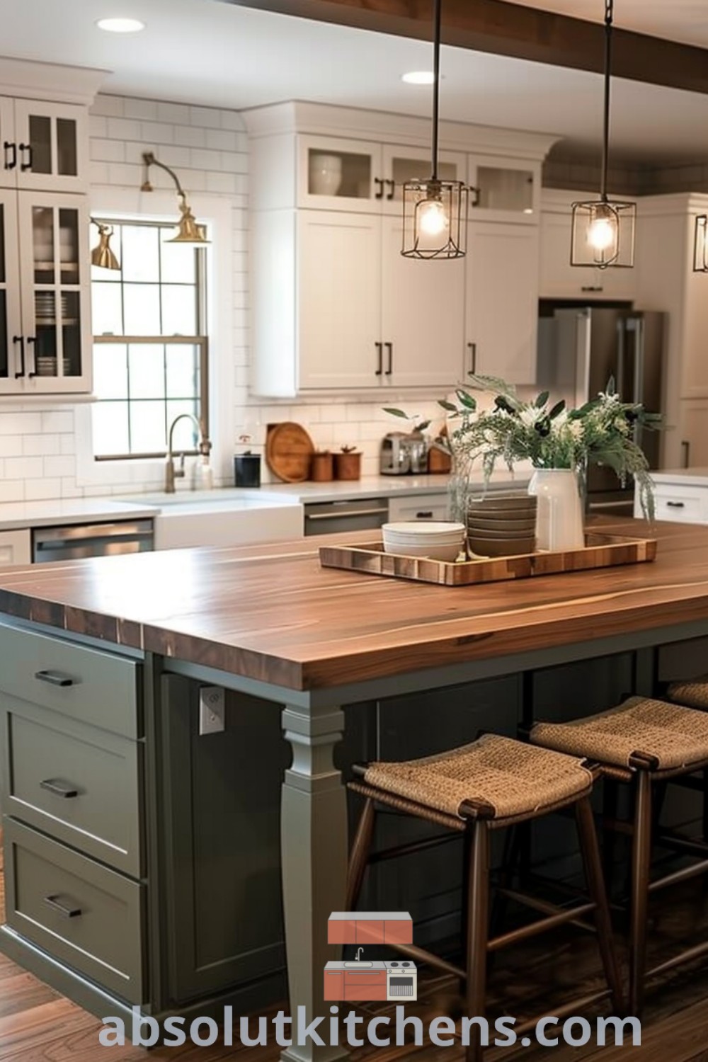 A large farmhouse kitchen with a green island and stools, showcasing cabin island ideas, kitchen island with seating for 2, and hidden seating features. This inspiring space by absolutkitchens.com serves as a cozy aesthetic hub, blending functionality with design tips for your home.