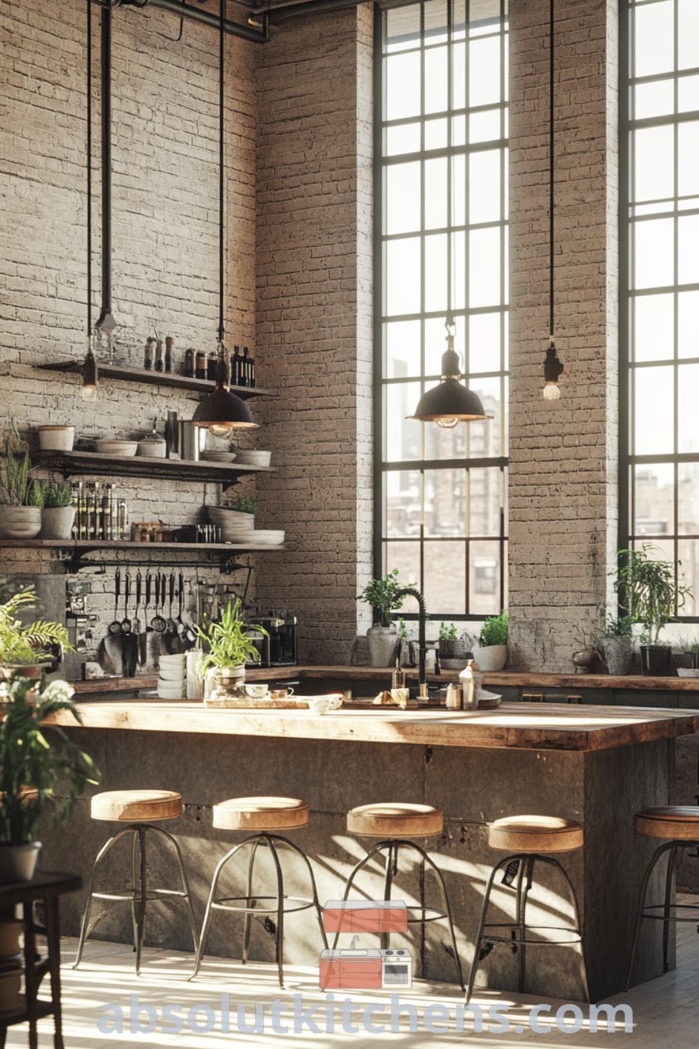 Loft kitchen design featuring exposed brick walls and an industrial vibe on absolutkitchens.com, highlighting cozy aesthetic, decor ideas for small spaces, and inviting atmosphere.