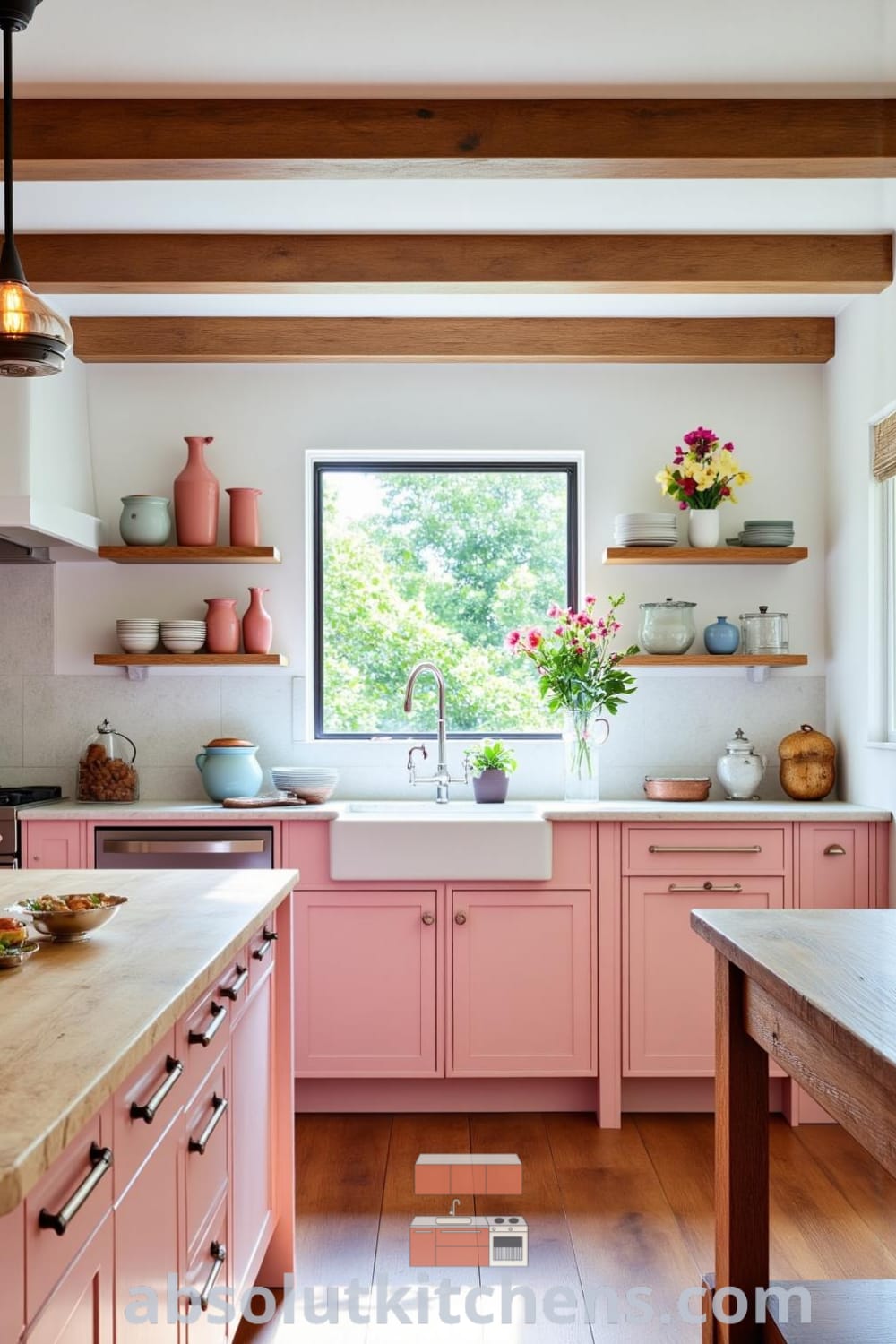 Rustic kitchen with soft pink tones, wooden beams, a butcher block island, ceramic dishes, and sunlight through a window, creating a cozy atmosphere, offering inspiring ideas for your home decor at fireplacesandwoodstoves.com.