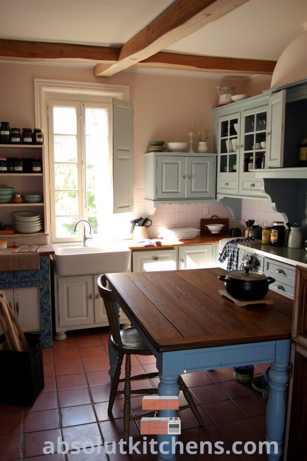 Cozy French kitchen with soft afternoon light, features pale blue cabinets filled with mismatched ceramics and jars of preserves, a scarred farmhouse table, and a pot simmering with herbs and garlic, creating an inviting atmosphere perfect for cozy home inspiration. Visit absolutkitchens.com for more unique ideas and decor inspirations.