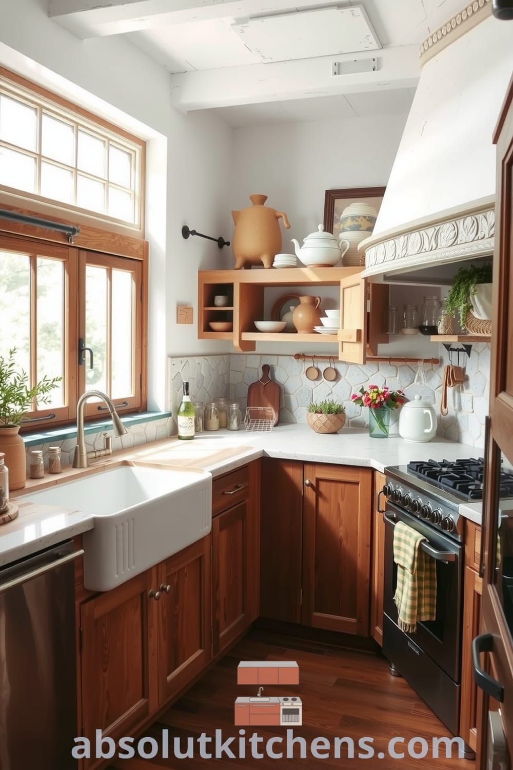 Cozy rustic kitchen with warm wooden cabinets, a butcher block countertop, and open shelves displaying handmade pottery and spices, filled with natural light, embodying inviting decor inspirations and unique ideas for your home, from fireplacesandwoodstoves.com.