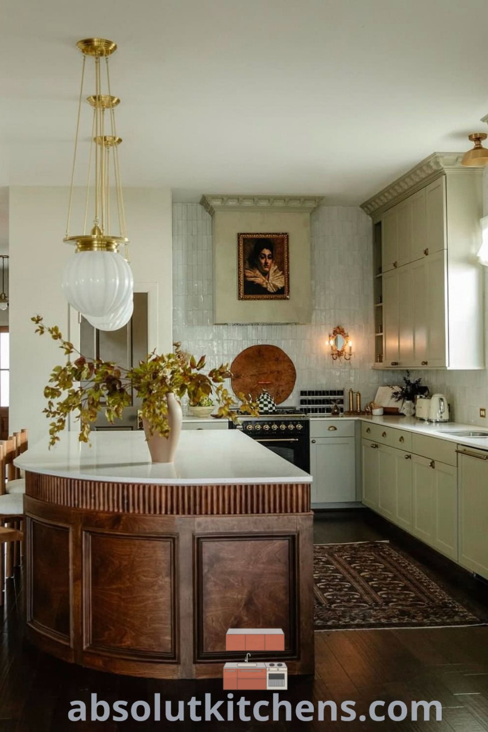 A large kitchen with a central island designed for functionality and a cozy aesthetic, featuring inviting decor ideas for house or apartment spaces. Discover inspiration for your kitchen at absolutkitchens.com.