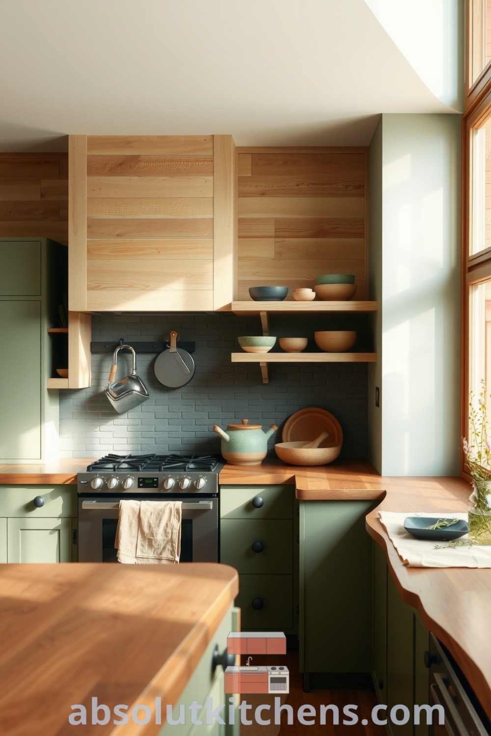 Cozy nature-inspired kitchen with green and brown tones, featuring reclaimed wood walls, a slate stone backsplash, wooden countertops, and handmade ceramic bowls, offering inspiring decor ideas for a warm and inviting space. absolutkitchens.com