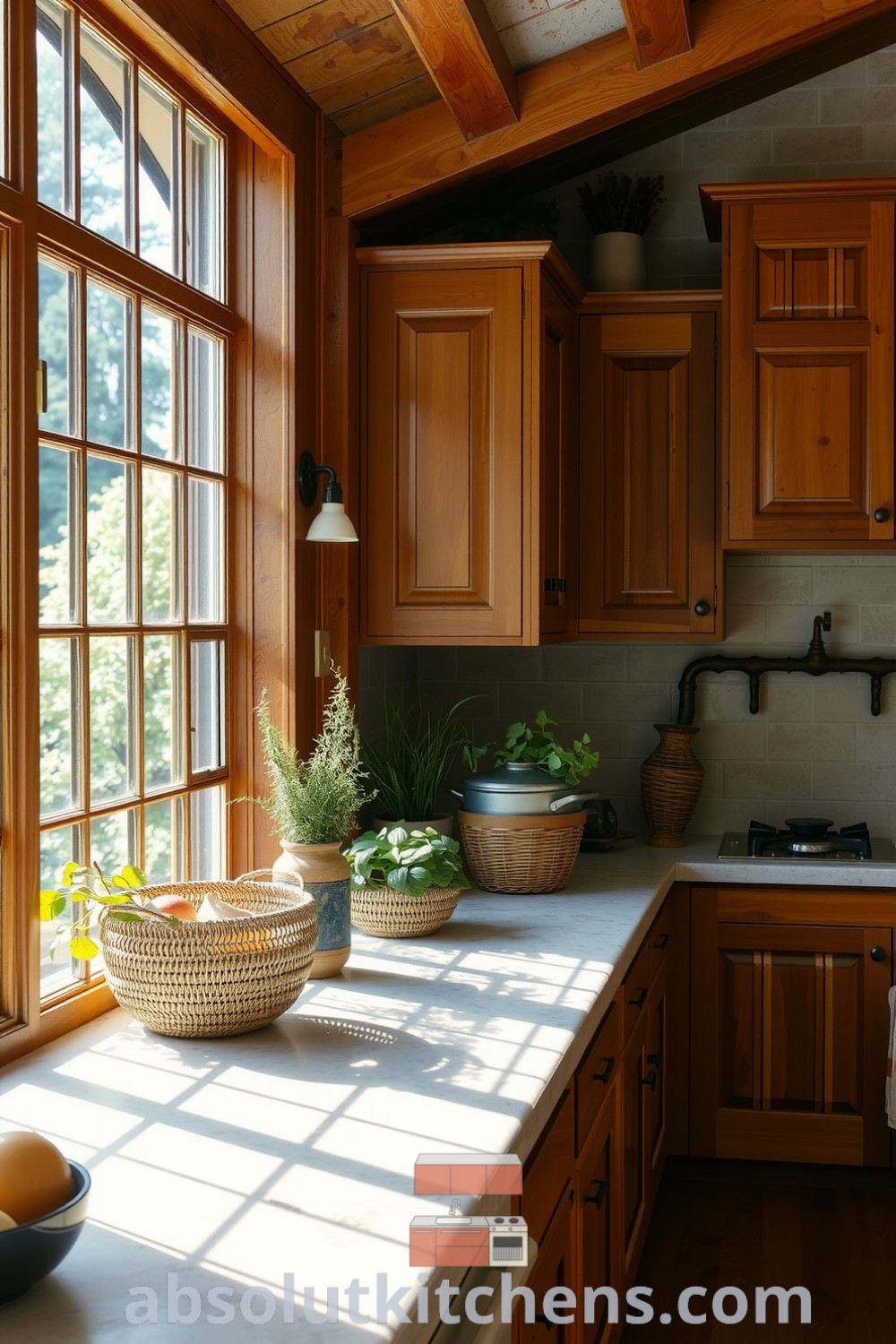 Cozy nature-inspired kitchen featuring reclaimed wood cabinetry, durable stone countertops, potted herbs on the windowsill, and woven baskets filled with seasonal produce, creating a warm and inviting atmosphere. Visit absolutkitchens.com for inspiring design ideas.