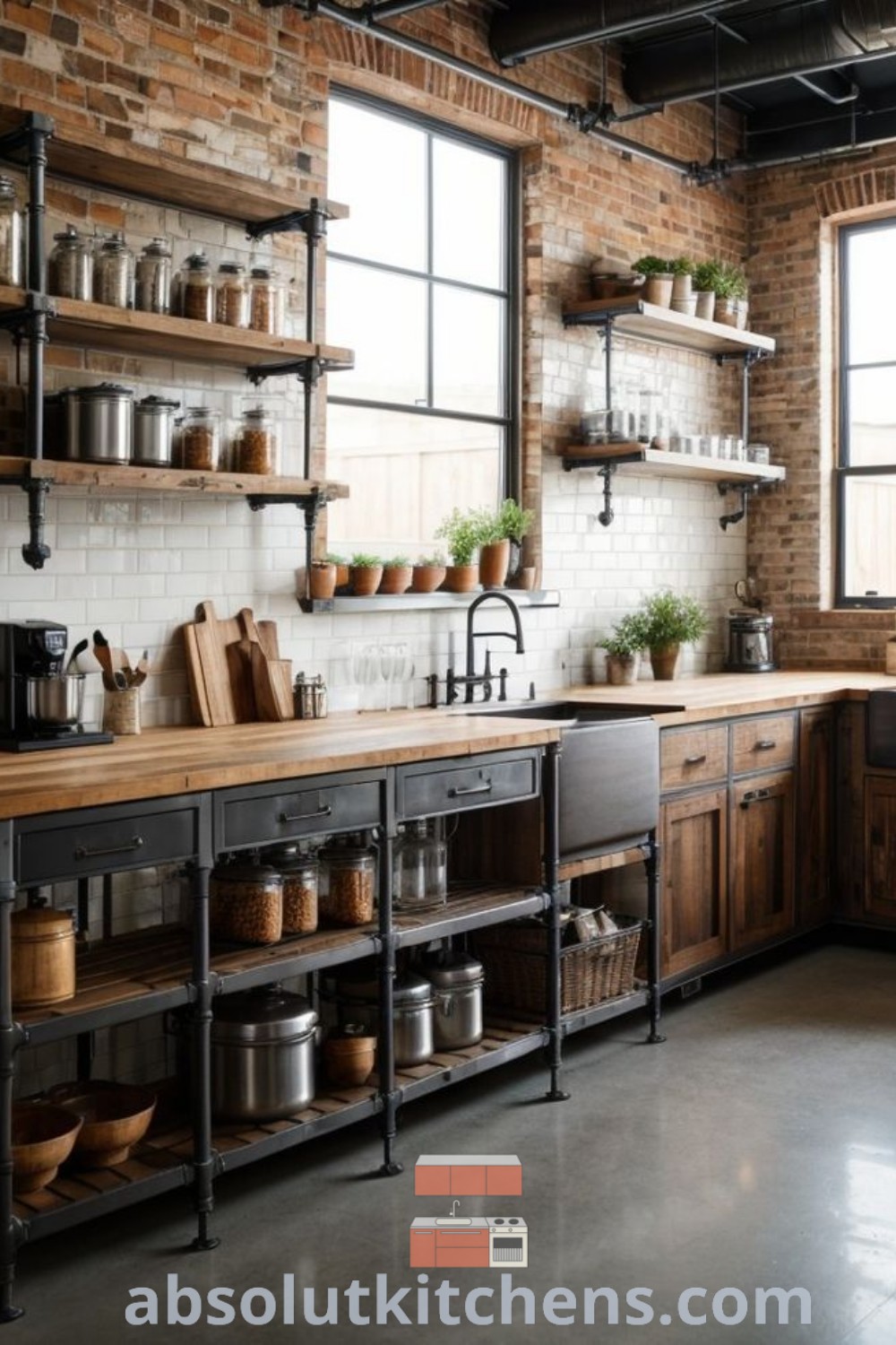 An industrial style kitchen featuring open shelving, wooden countertops, potting pans on shelves, and brick walls, showcasing a cozy yet contemporary design. This kitchen is an inspiring example of industrial kitchen design, perfect for unique decor ideas. Discover more styles at wellnesswink.com.