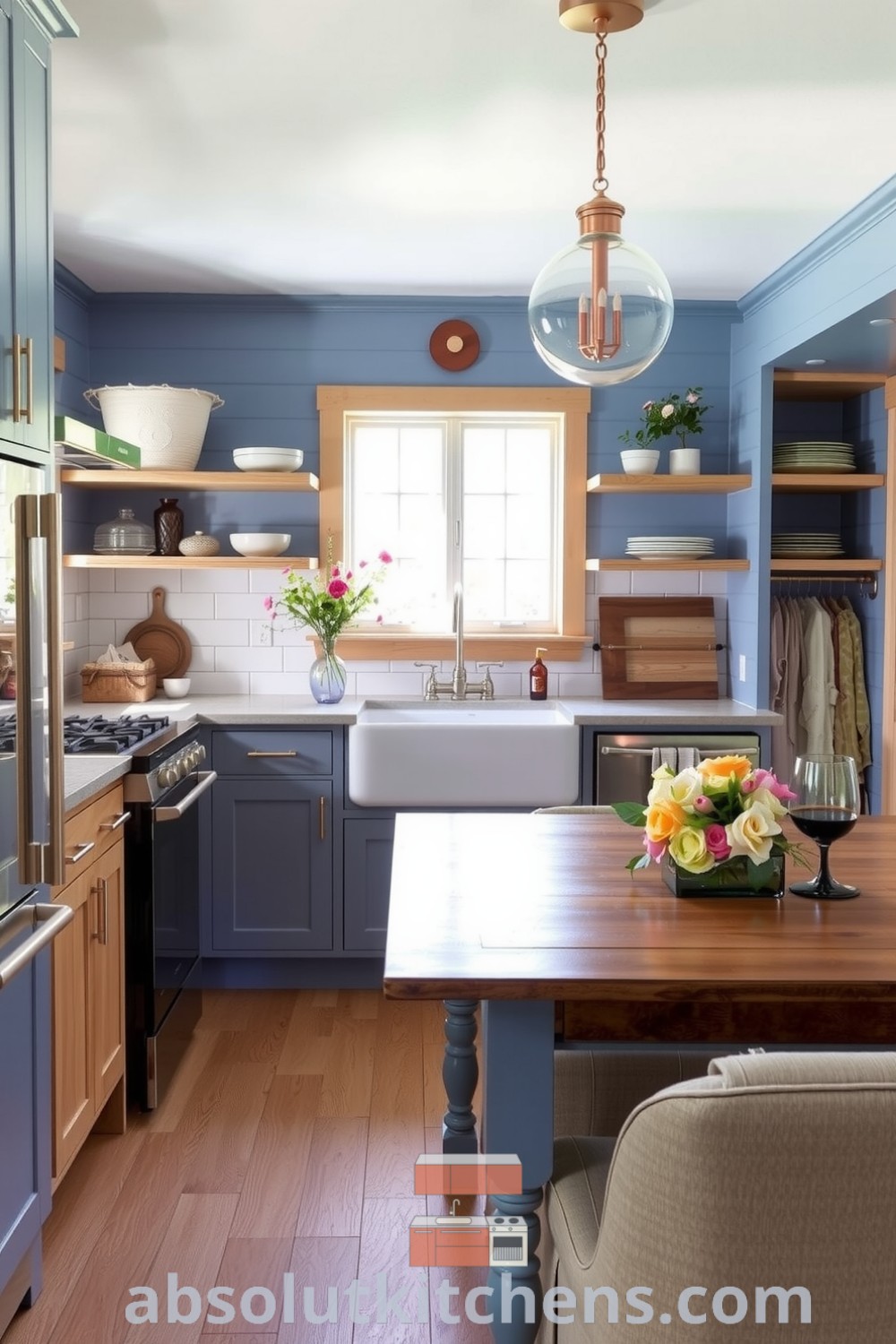 Cozy farmhouse kitchen with soft blue tones, reclaimed wood cabinetry, and weathered concrete countertops. Featuring a large farmhouse sink, sunlight filtering through the window, and copper accents, this design inspires cozy ideas and decor inspirations, perfect for creating a warm home atmosphere at absolutkitchens.com.