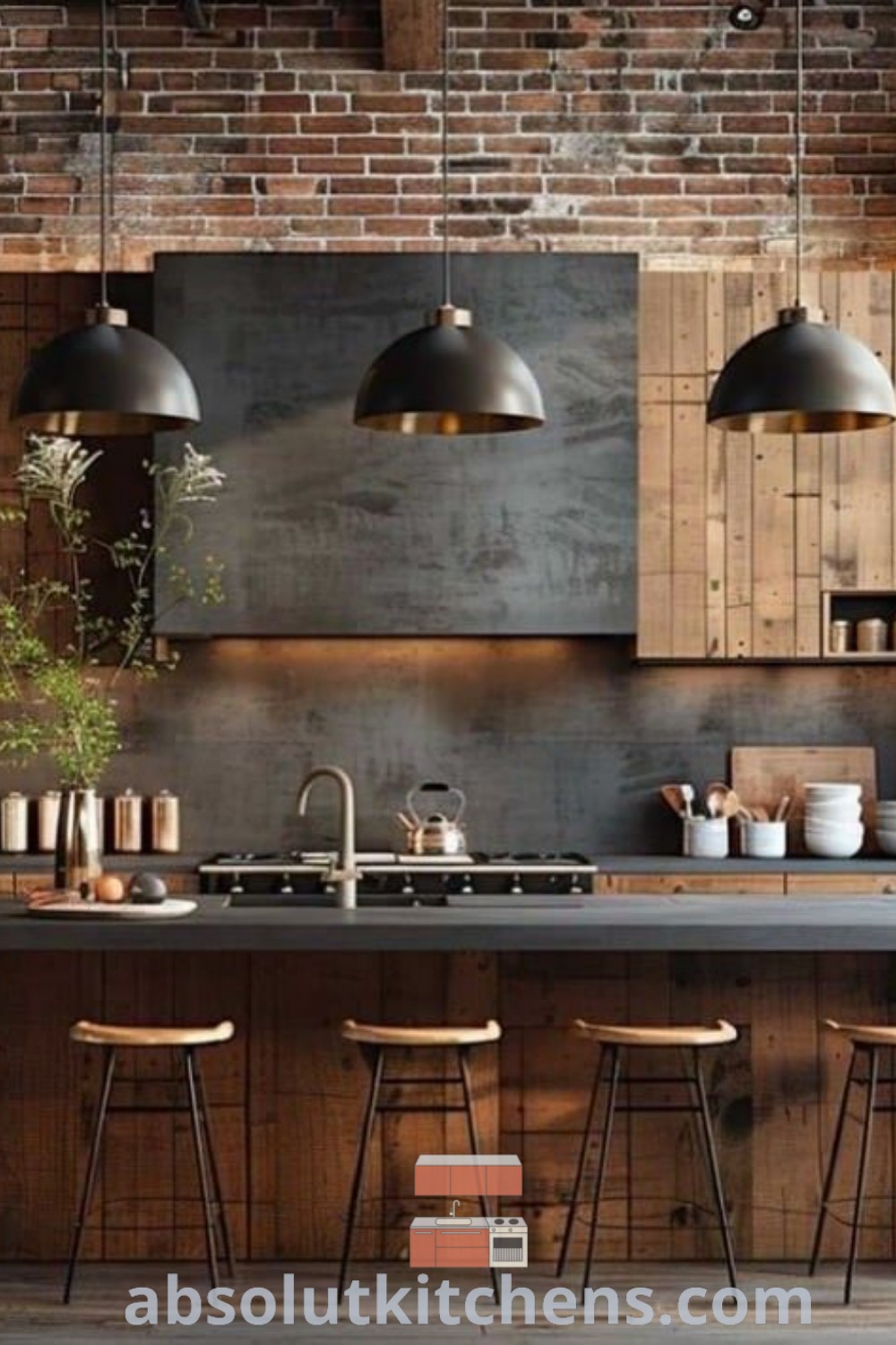 An industrial style kitchen with wooden cabinets, modern stools, and a sleek countertop, showcasing a cozy design for contemporary homes. This unique kitchen loft design features two-tone kitchen cabinets and serves as inspiration for a stylish and functional space. Discover more decor ideas at wellnesswink.com.