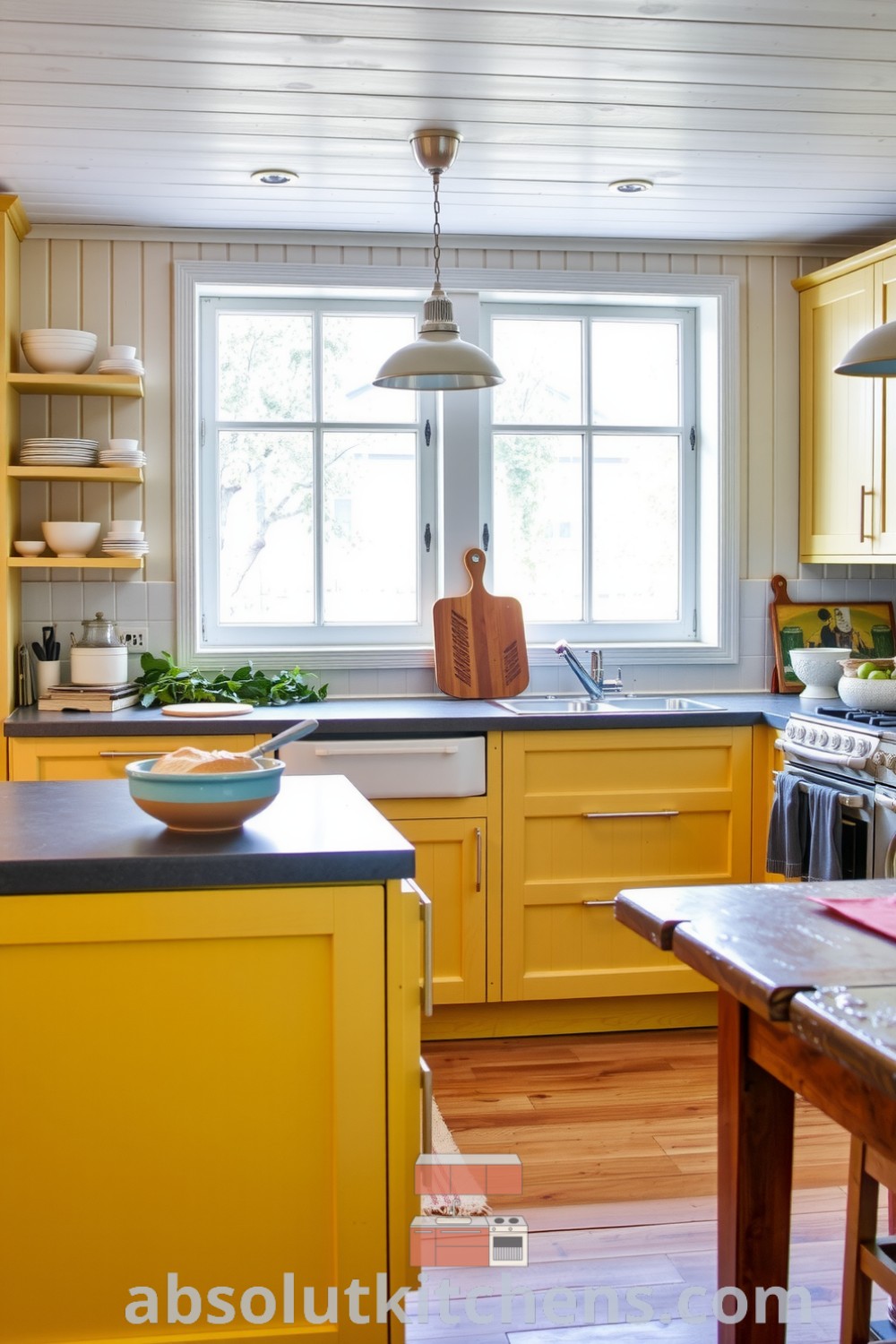 Scandinavian kitchen with soft yellow accents, pale wooden cabinetry, cool grey stone countertops, and natural light illuminating handmade ceramic bowls, creating a cozy home atmosphere with rustic decor ideas and inspiring design inspirations, featured on fireplacesandwoodstoves.com.