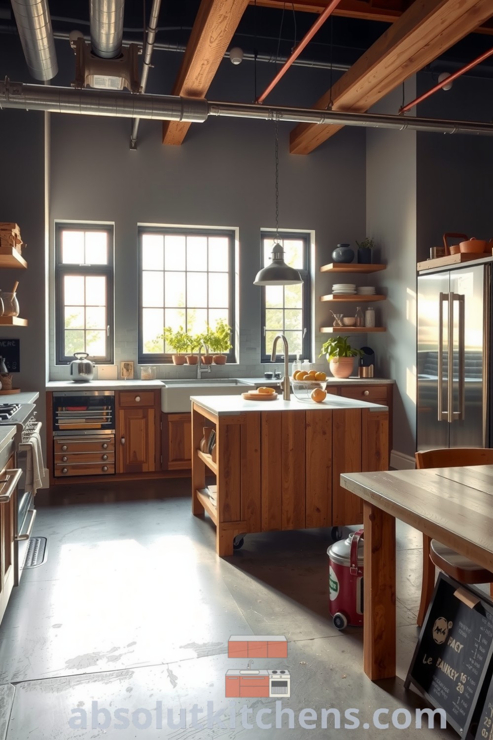 Industrial-style loft kitchen featuring grey tones, polished concrete floors, and reclaimed wooden accents, illuminated by sunlight through large windows, with a central wooden island and potted herbs on the windowsill, showcasing cozy ideas and decor inspirations for your home, visit fireplacesandwoodstoves.com.