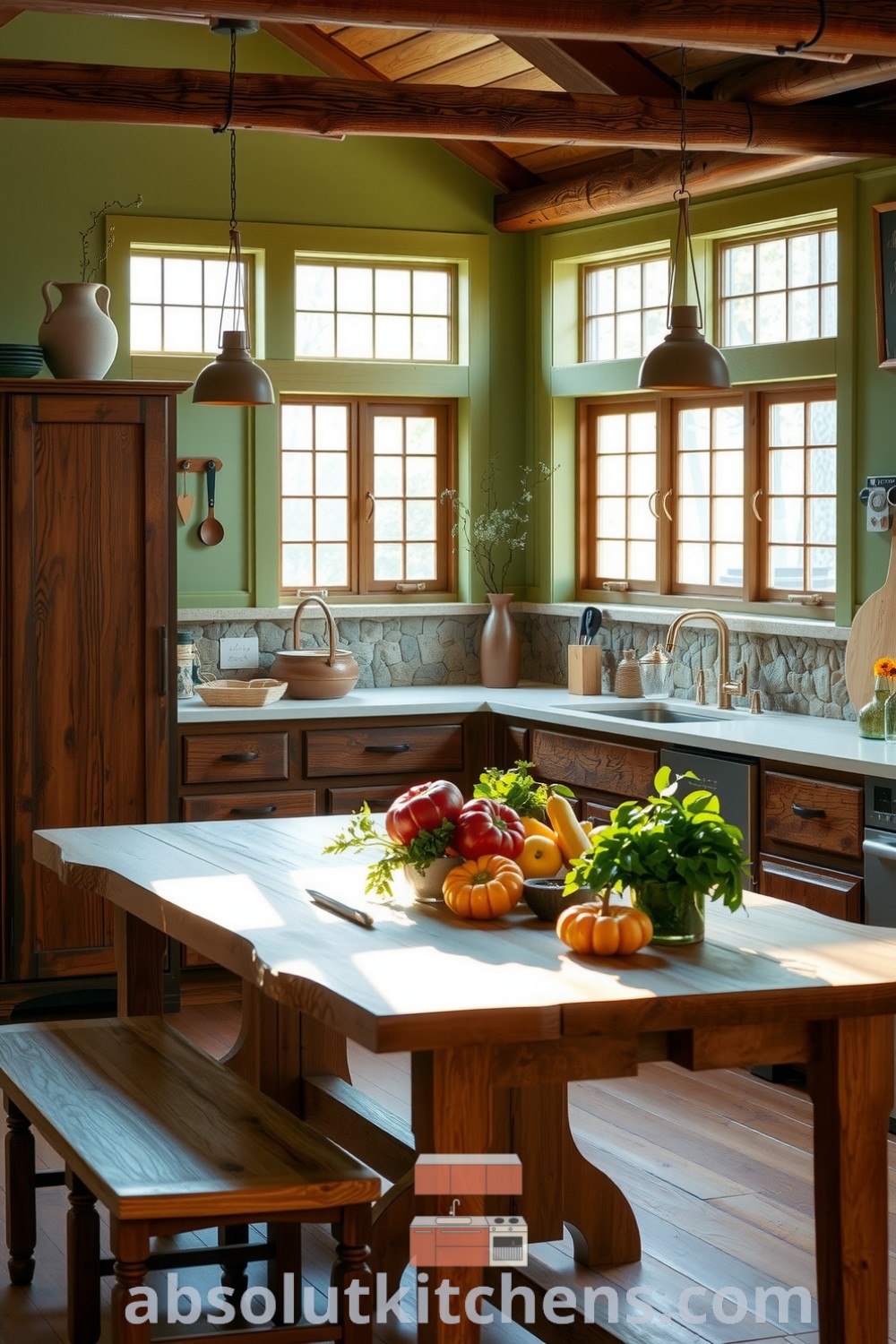 Nature-inspired kitchen featuring soft green walls, dark wood cabinets, and a stone backsplash, highlighted by a wooden dining table with seasonal produce and herbs, promoting a cozy aesthetic and inspiring decor ideas for your home at absolutkitchens.com.