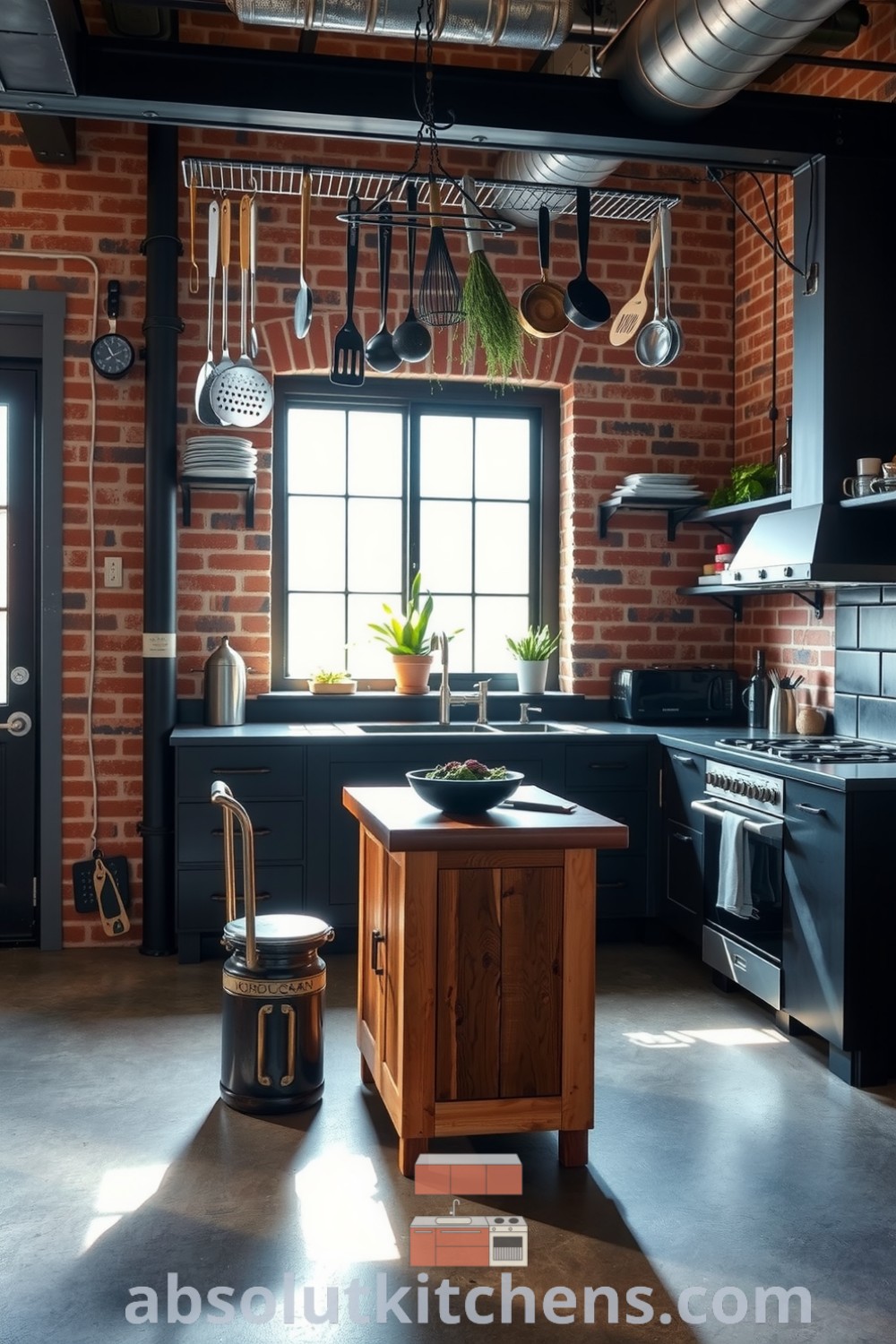 Industrial loft kitchen with black metal accents, polished concrete floors, exposed brick walls, a sturdy wooden island, vintage utensils, and herbs on the windowsill, offering cozy decor ideas for an inspiring home at fireplacesandwoodstoves.com.