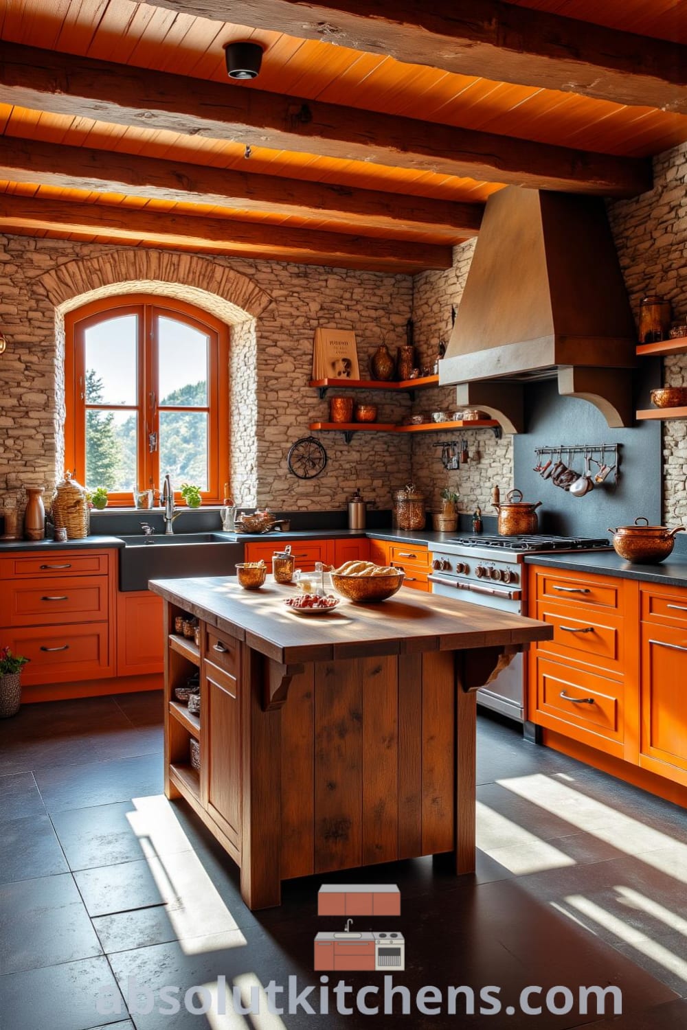 Rustic kitchen with wooden beams and stone walls, featuring a large weathered table, sunlight streaming through windows, and vintage copper pots, perfect for cozy home decor inspirations from fireplacesandwoodstoves.com.