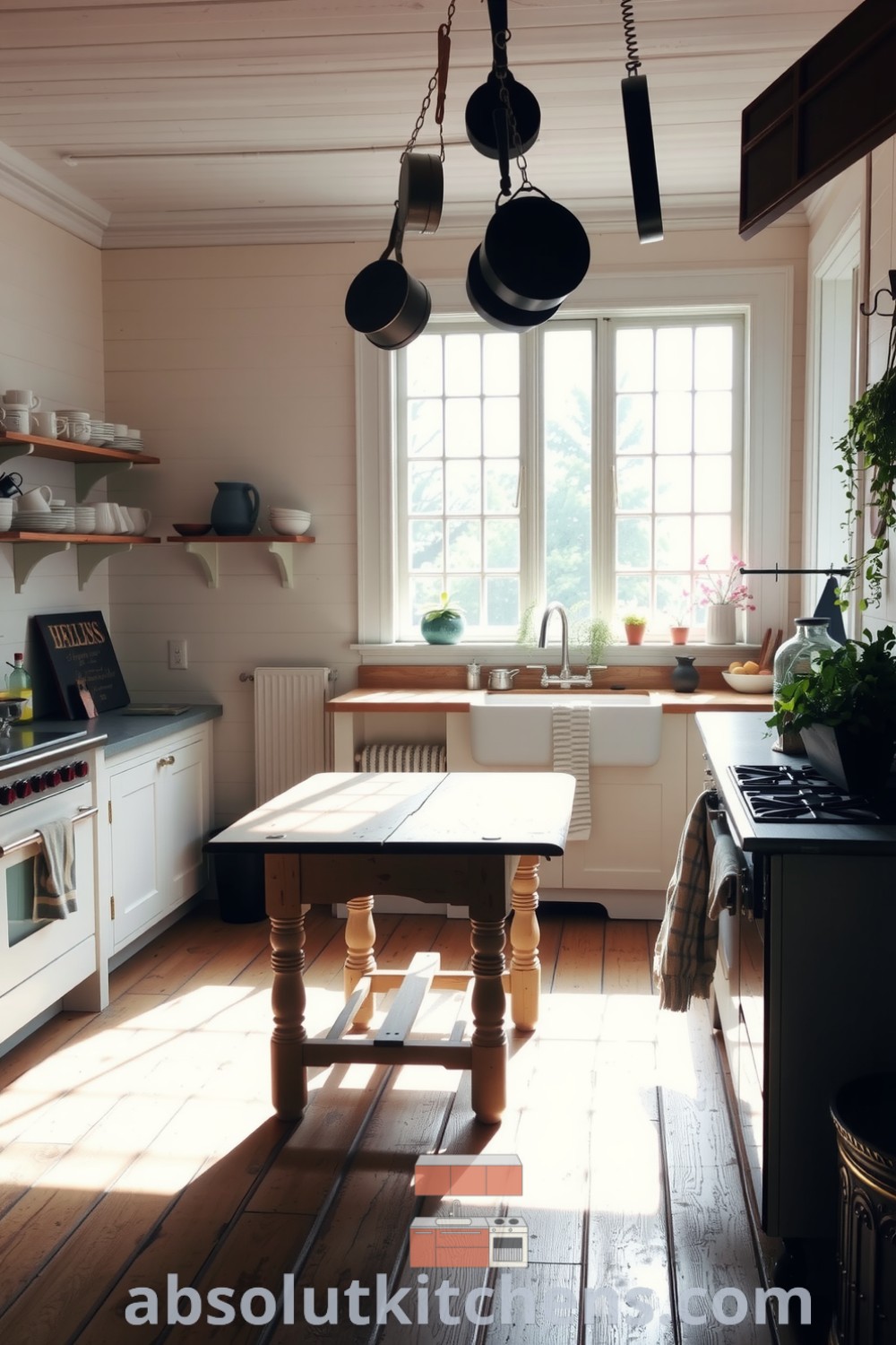 Cozy farmhouse kitchen with sunlight pouring through paned windows, aged wooden floors, mismatched ceramic mugs, and a weathered table, featuring a rustic sink, fresh herbs, and hanging pots, offering cozy ideas and inspirations for your home at absolutkitchens.com.