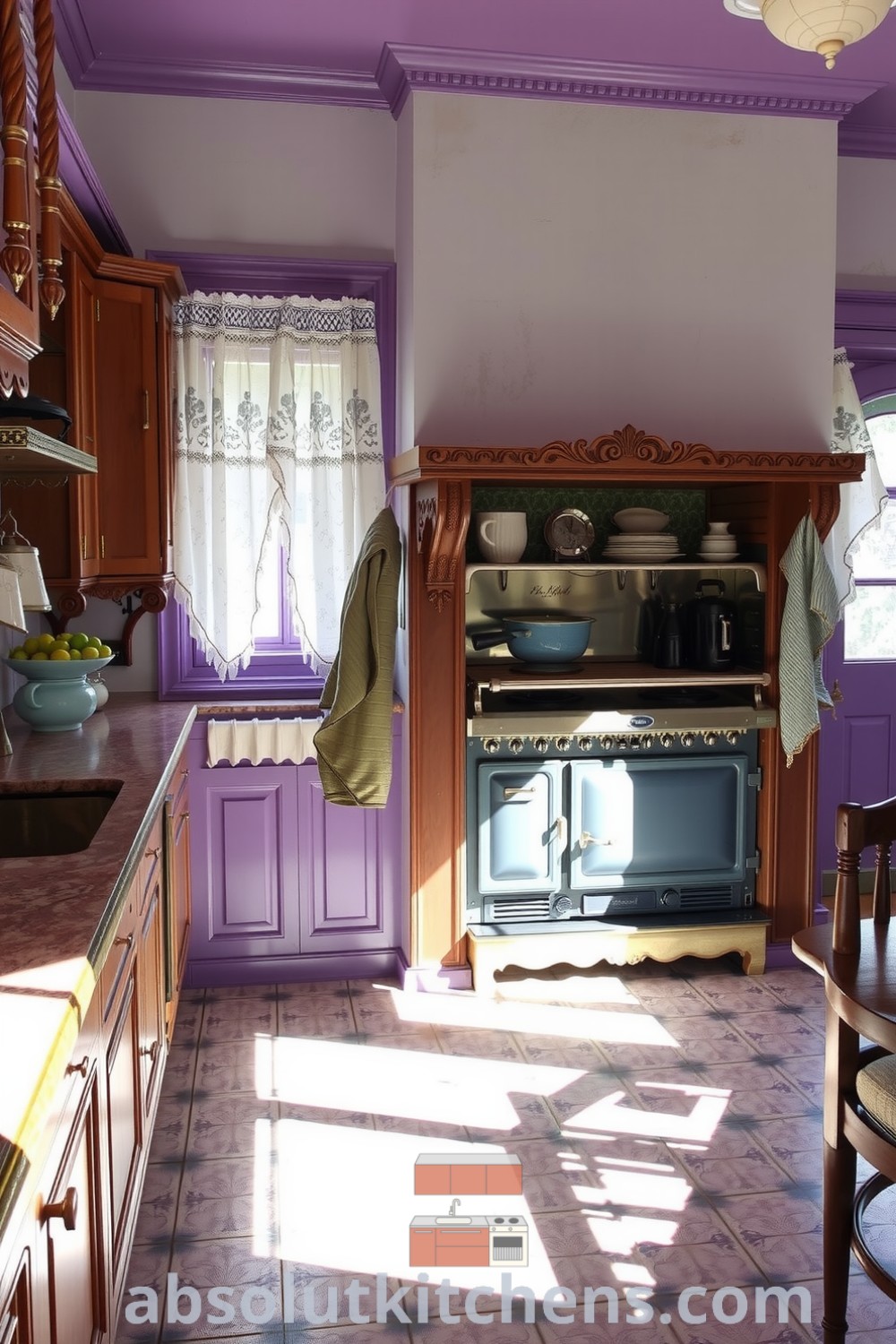 Cozy Victorian kitchen featuring purple accents, intricately carved wooden cabinets, a stone countertop, and a polished stove reflecting flames from the hearth, creating a warm atmosphere filled with the aroma of stews and herbs. For more inspiring designs, visit absolutkitchens.com.