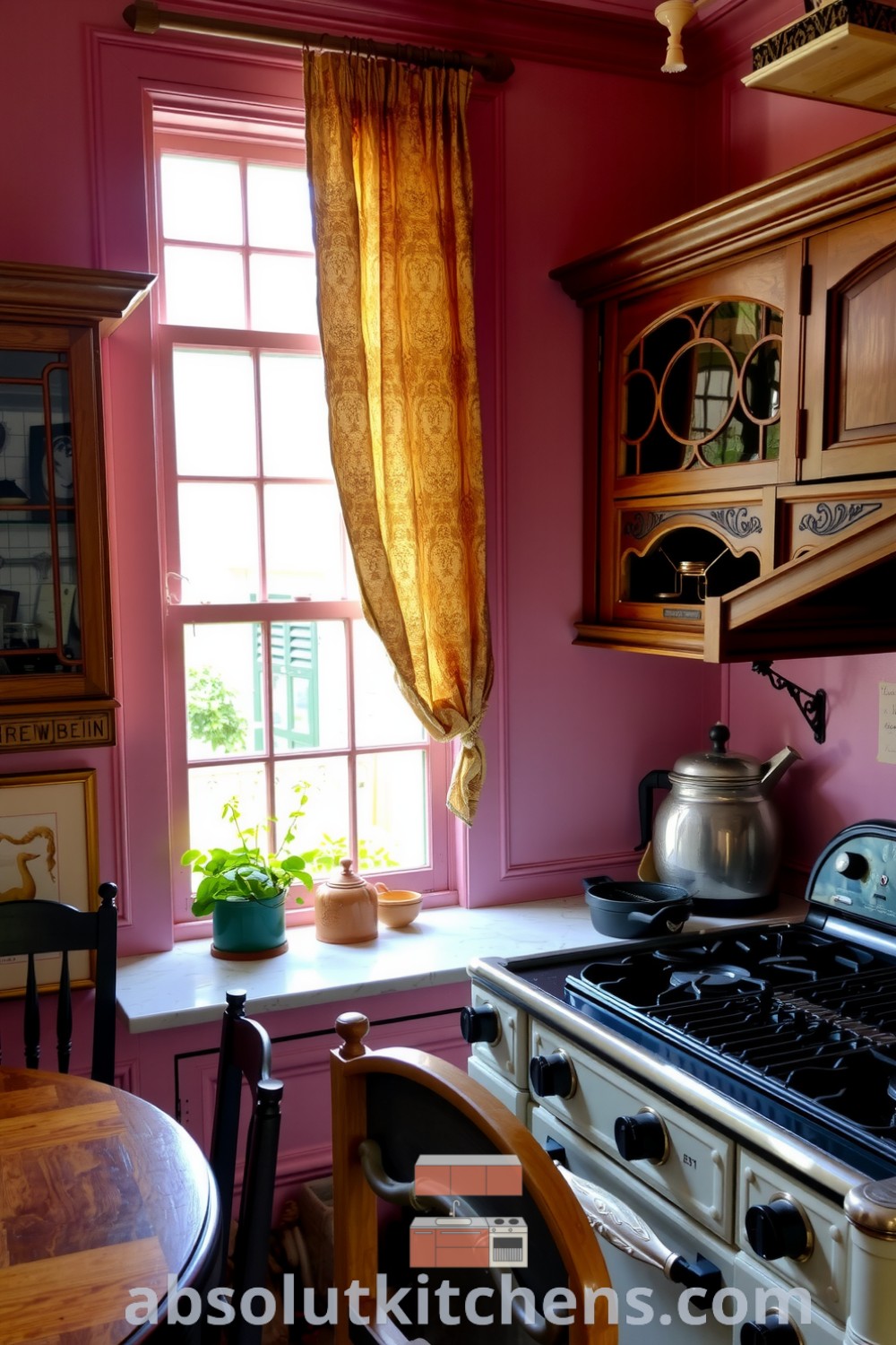 Cozy Victorian kitchen with soft pink walls, intricate woodwork, and vintage range, featuring a sturdy oak table surrounded by mismatched chairs and a window overlooking a herb garden, providing inspiring decor ideas for creating a cozy home on absolutkitchens.com.