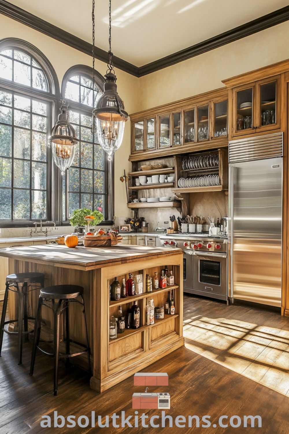 Cozy kitchen design with sunlight streaming through French windows, showcasing wooden cabinetry and vibrant crockery, a wooden island with wrought iron bar stools, and a wine display, inspired by Parisian living. Visit absolutkitchens.com for more decor inspirations.