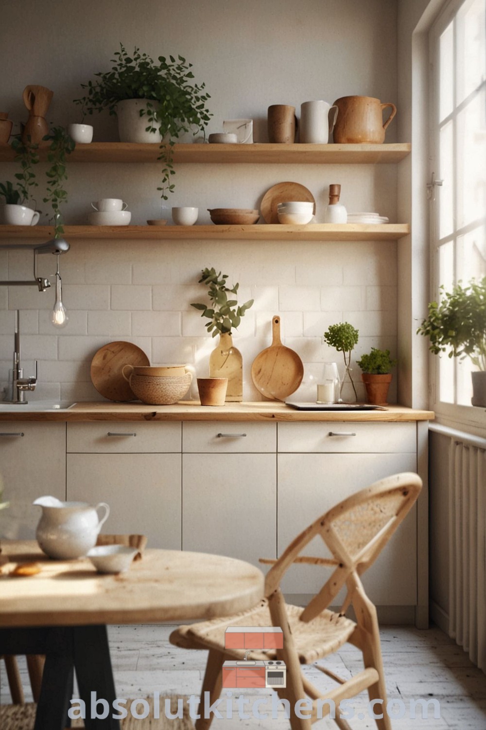 A cozy Scandinavian kitchen featuring open timber shelves adorned with plants, creating an inviting atmosphere. This decor showcases Scandinavian Kitchen Shelves and ideas for a warm, functional space. Explore more design inspirations at wellnesswink.com.