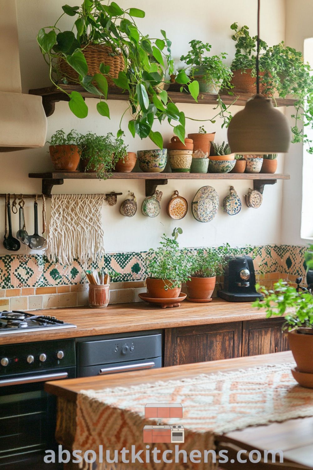 Bohemian Kitchen design on absolutkitchens.com featuring terracotta tiles, cozy kitchen atmosphere, and inspiring kitchen decor ideas.