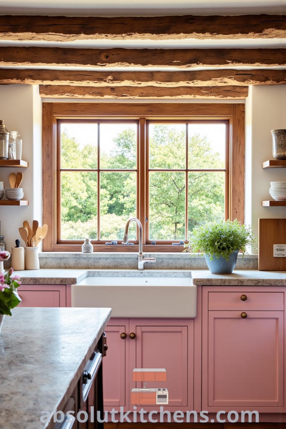 Rustic kitchen with reclaimed wood beams, worn stone countertops, a farmhouse sink, and delicate ceramic dishware, bathed in soft pink tones, showcasing cozy ideas and decor inspirations for a welcoming home, courtesy of fireplacesandwoodstoves.com.