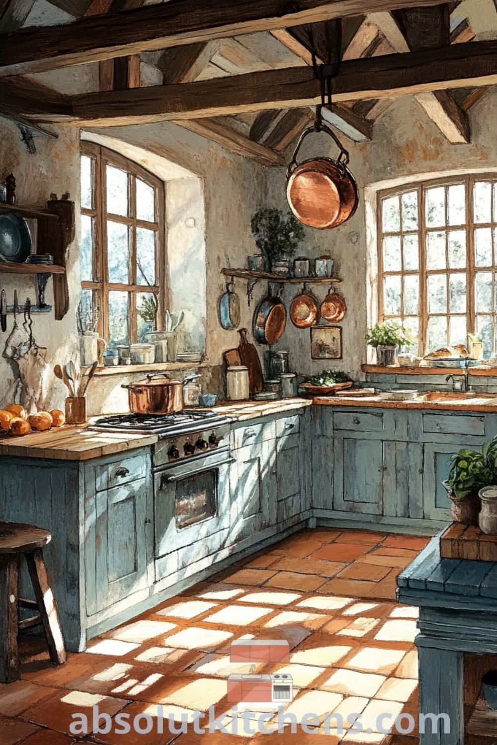 Cozy French kitchen with soft sunlight streaming through lattice windows, rustic pastel blue cabinets filled with mismatched dishware, and fresh produce on a central island, creating a warm and inviting atmosphere for home cooking. Visit absolutkitchens.com for more decor ideas.