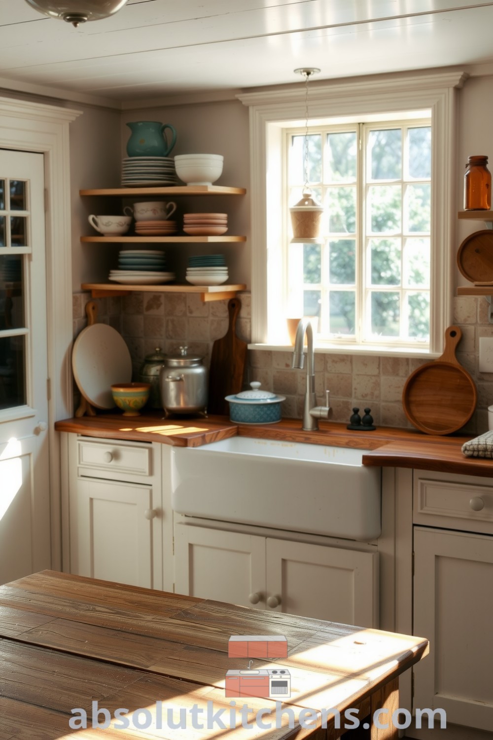 Cozy farmhouse kitchen with sunlight streaming through a wide window, highlighting a rustic wooden table and mismatched bowls on shelves, creating an inviting atmosphere perfect for home gatherings. For more cozy home design ideas, visit absolutkitchens.com.