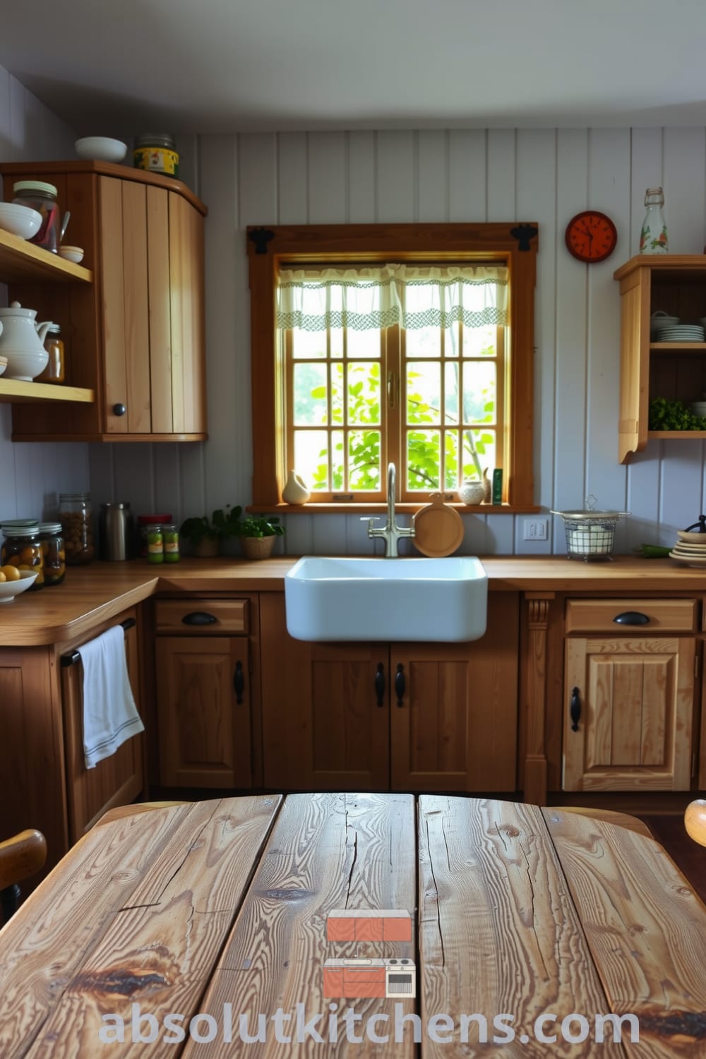 A cozy rustic kitchen featuring reclaimed wooden cabinets, a weathered table, a farmhouse sink with a view of a blooming herb garden, and shelves of mismatched dishes and jars, creating an inviting atmosphere inspired by unique decor ideas for your home at fireplacesandwoodstoves.com.