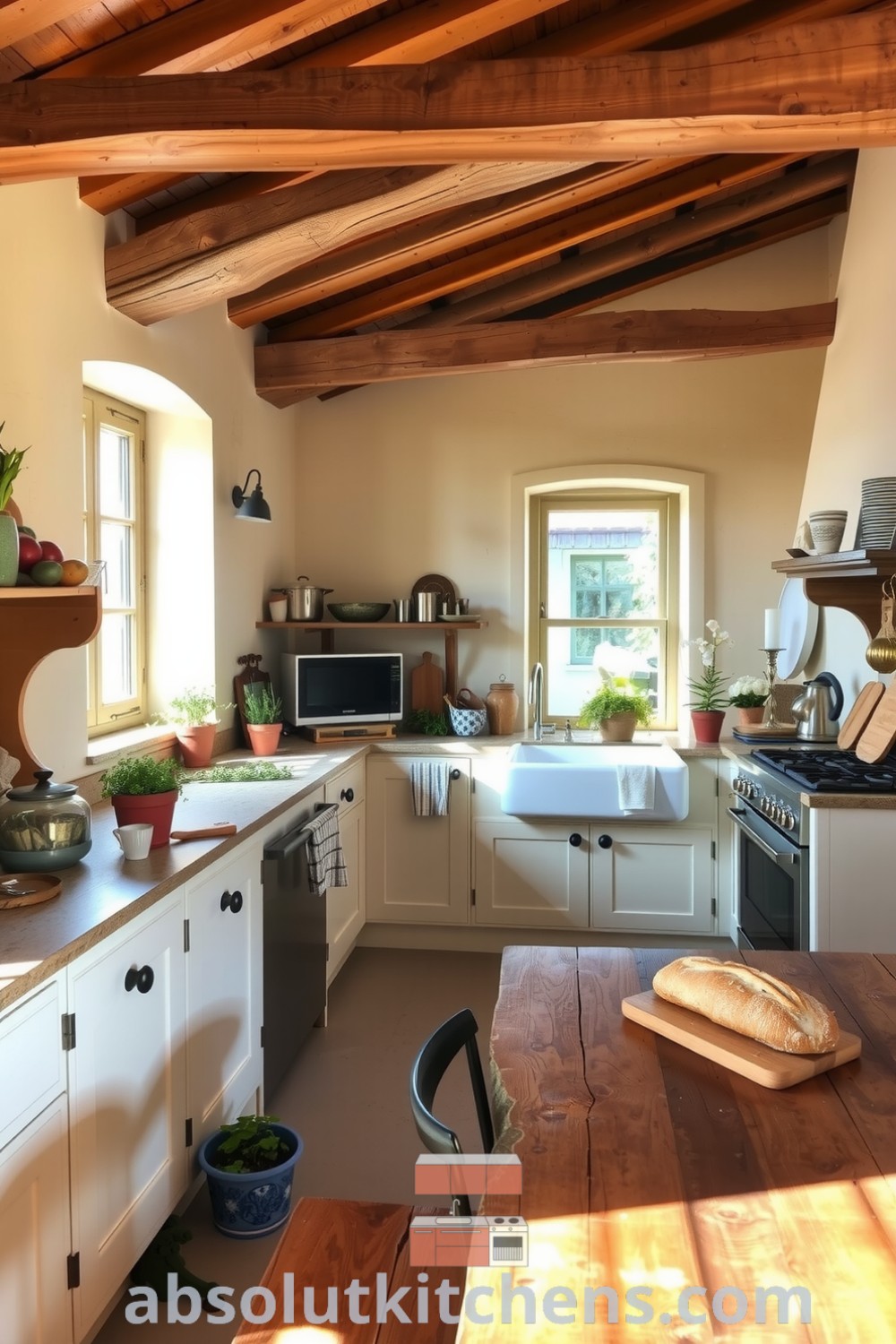 Cozy French kitchen design with rustic charm, featuring cream-colored walls, wooden beams, a farmhouse sink, and pots of fresh herbs, inviting family gatherings and home-cooked delights. Visit absolutkitchens.com for inspiring decor ideas.