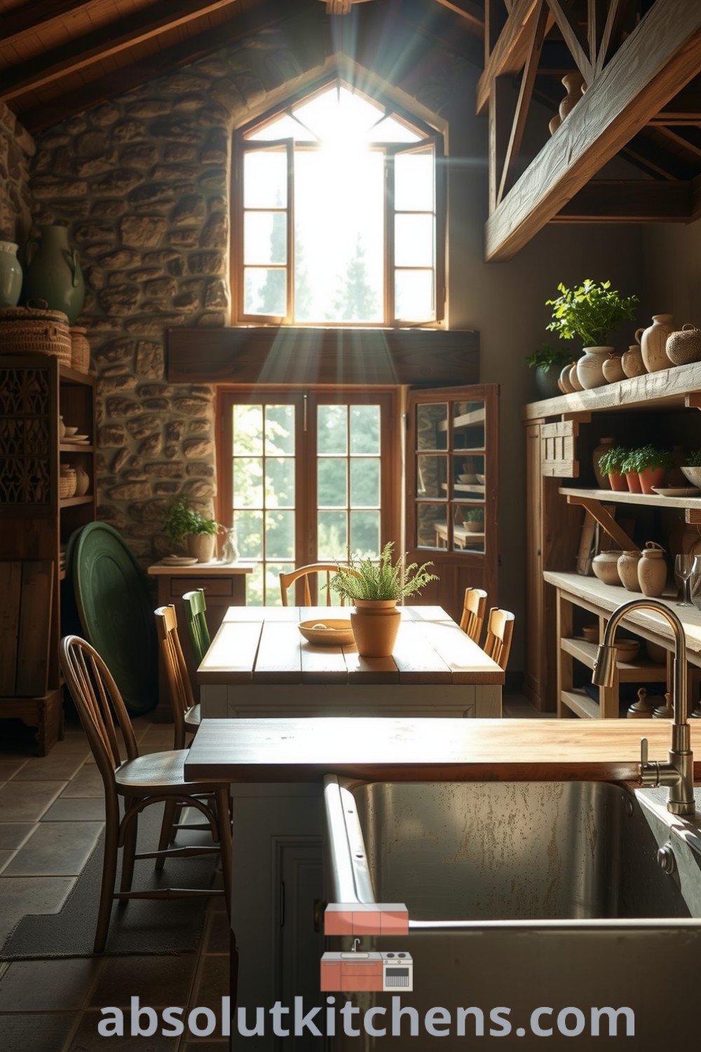 Cozy nature-inspired kitchen featuring sunlight streaming through a large window, earthy tones, rough stone walls, wooden accents, mismatched chairs, potted herbs, and a deep weathered sink, creating a warm and inviting atmosphere. Visit absolutkitchens.com for decor ideas and inspirations.
