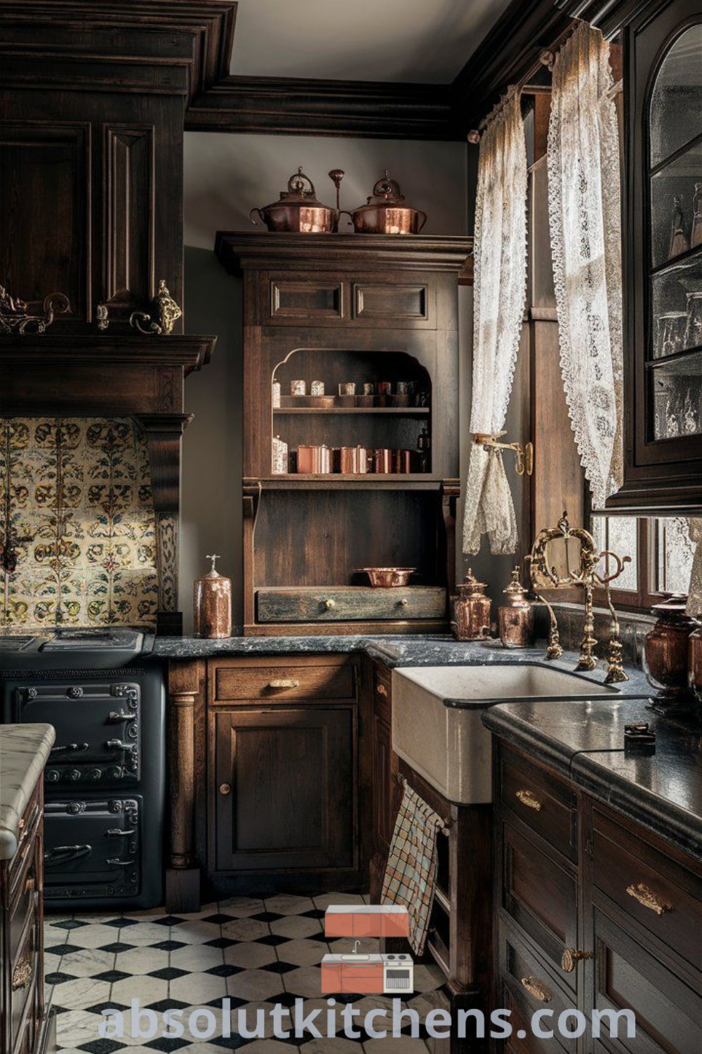 An old-fashioned kitchen with black and white checkered flooring, wooden cabinets, and open shelving designed in a cozy antique aesthetic. Perfect for those seeking vintage dark academia home decor, this space offers classic design ideas you need to see for your house. Explore more home decor inspirations at absolutkitchens.com.