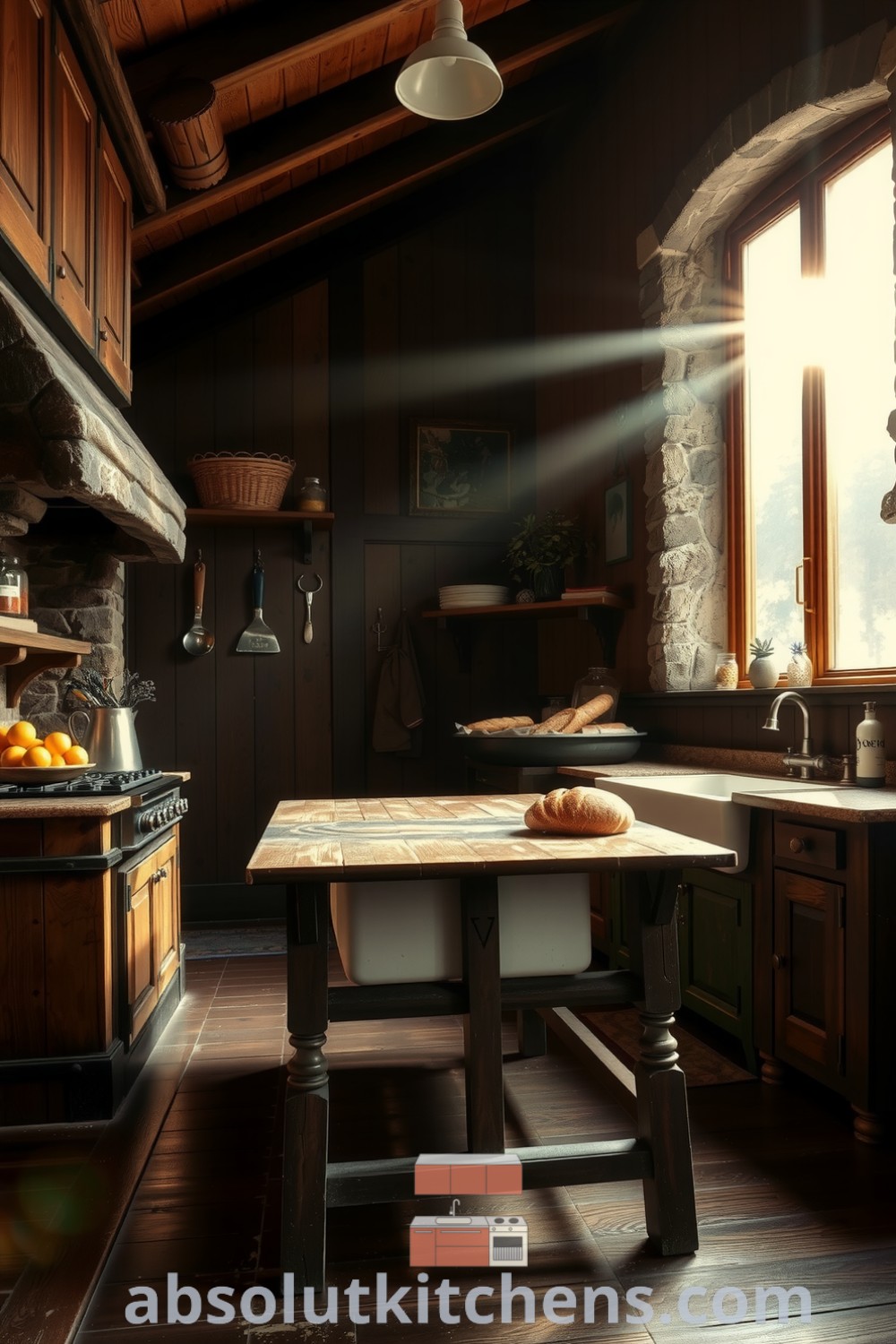 Cozy rustic kitchen featuring sunlight through a large window, exposed wooden beams, rough-hewn cabinetry, a farmhouse sink, and a sturdy table, creating a warm and inviting atmosphere. For more ideas, visit absolutkitchens.com.