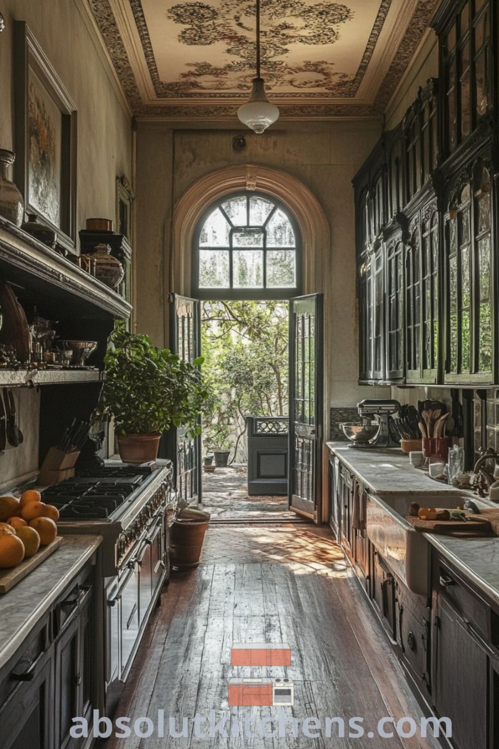 An old-fashioned kitchen showcasing wooden floors and black cabinets, reflecting New Orleans interior design and Victorian aesthetics. This charming space offers practical magic kitchen inspiration and cozy decor ideas for small spaces, perfect for any home. Explore more on absolutkitchens.com.