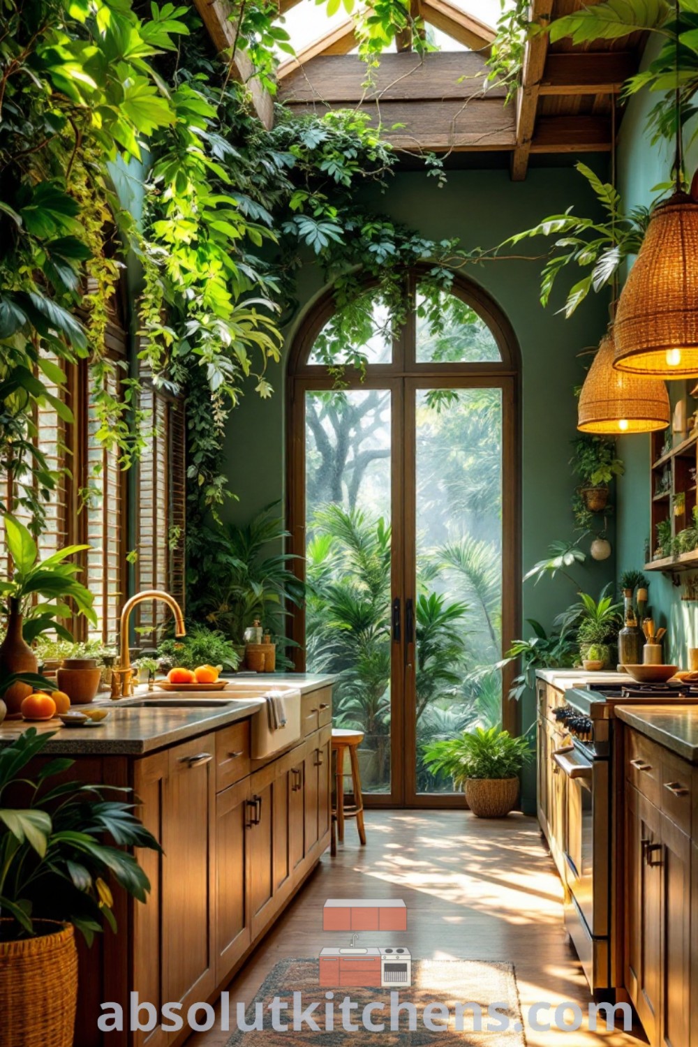 An inspiring open kitchen adorned with plants on the walls and ceiling, complemented by wooden cabinets, showcasing biophilic design elements. This green and bamboo kitchen reflects earthy home interiors and cozy aesthetics, offering decor ideas for small spaces. Explore more at absolutkitchens.com.