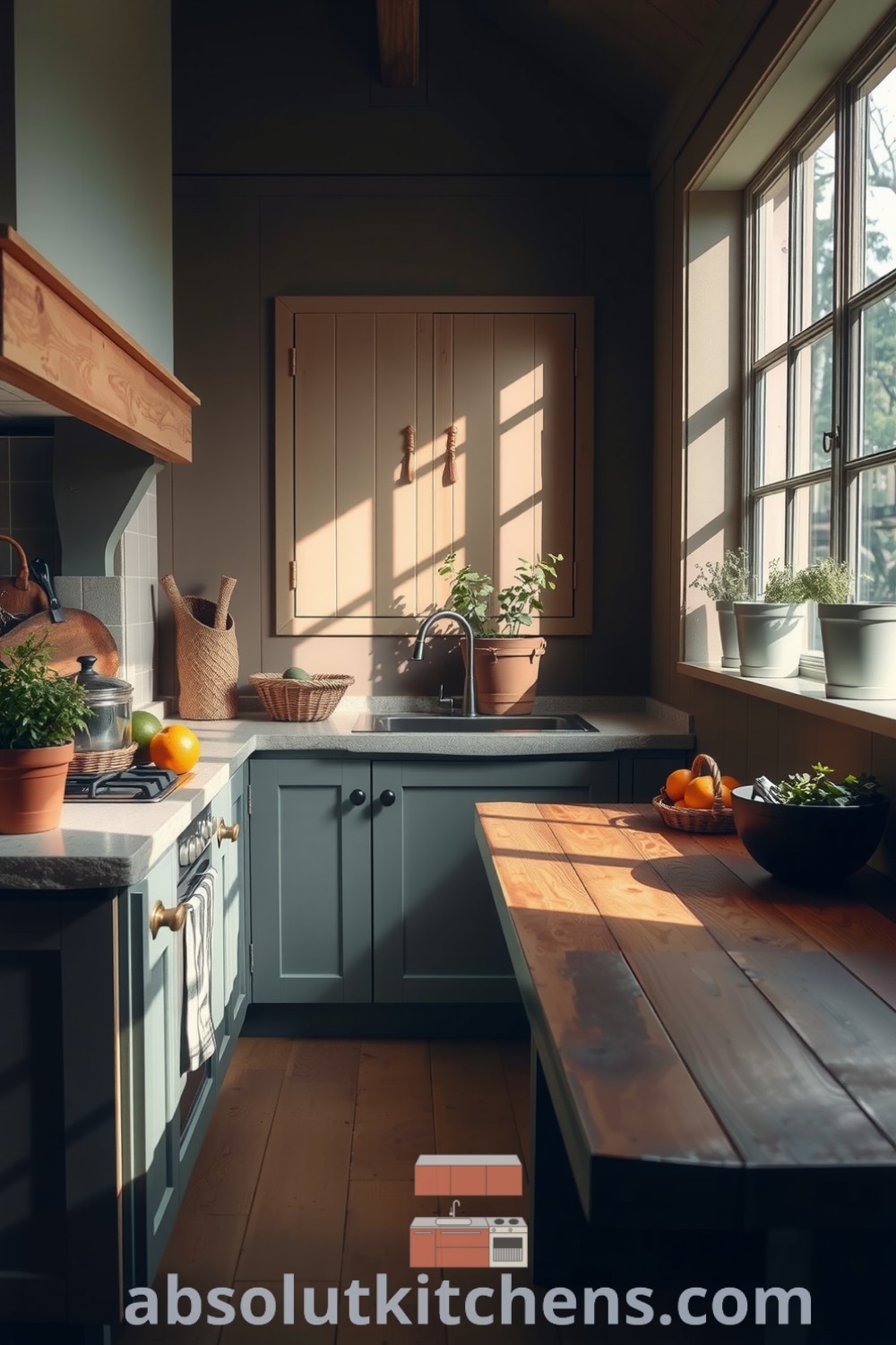 Cozy nature-inspired kitchen featuring earthy tones, stone countertops with fresh produce, sunlight streaming through a large window, and potted herbs on the sill, enhanced by rustic metal hardware and woven baskets. Visit absolutkitchens.com for inspiring decor ideas for your home.