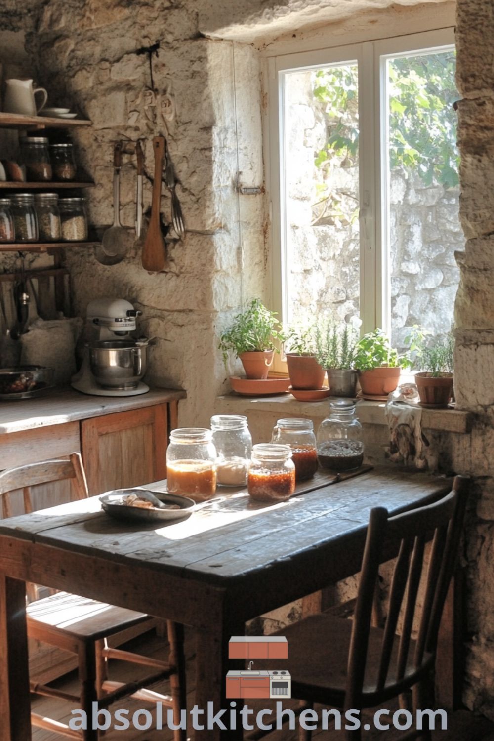Cozy French kitchen vibe on absolutkitchens.com showcasing rustic wooden cabinetry, decor ideas for small spaces, and a delightful earthy aroma.