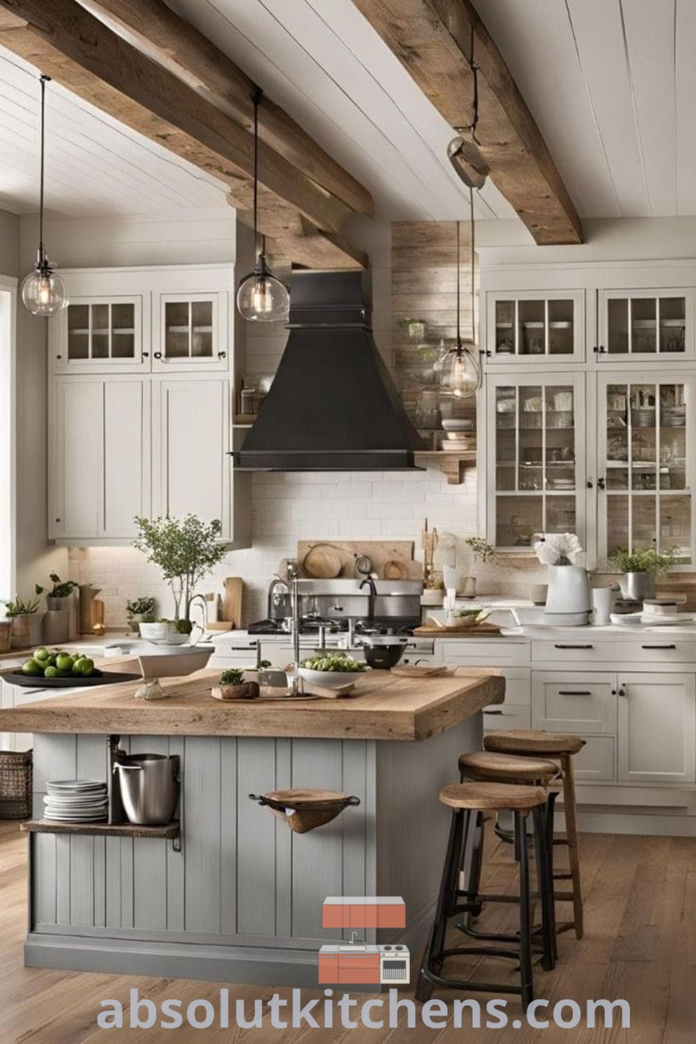 A large Scandinavian country kitchen with wooden floors and white cabinets, featuring a central island surrounded by stools. This cozy and inviting kitchen offers design trends and decor ideas for a modern home, emphasizing functionality and warmth. Discover more at absolutkitchens.com.