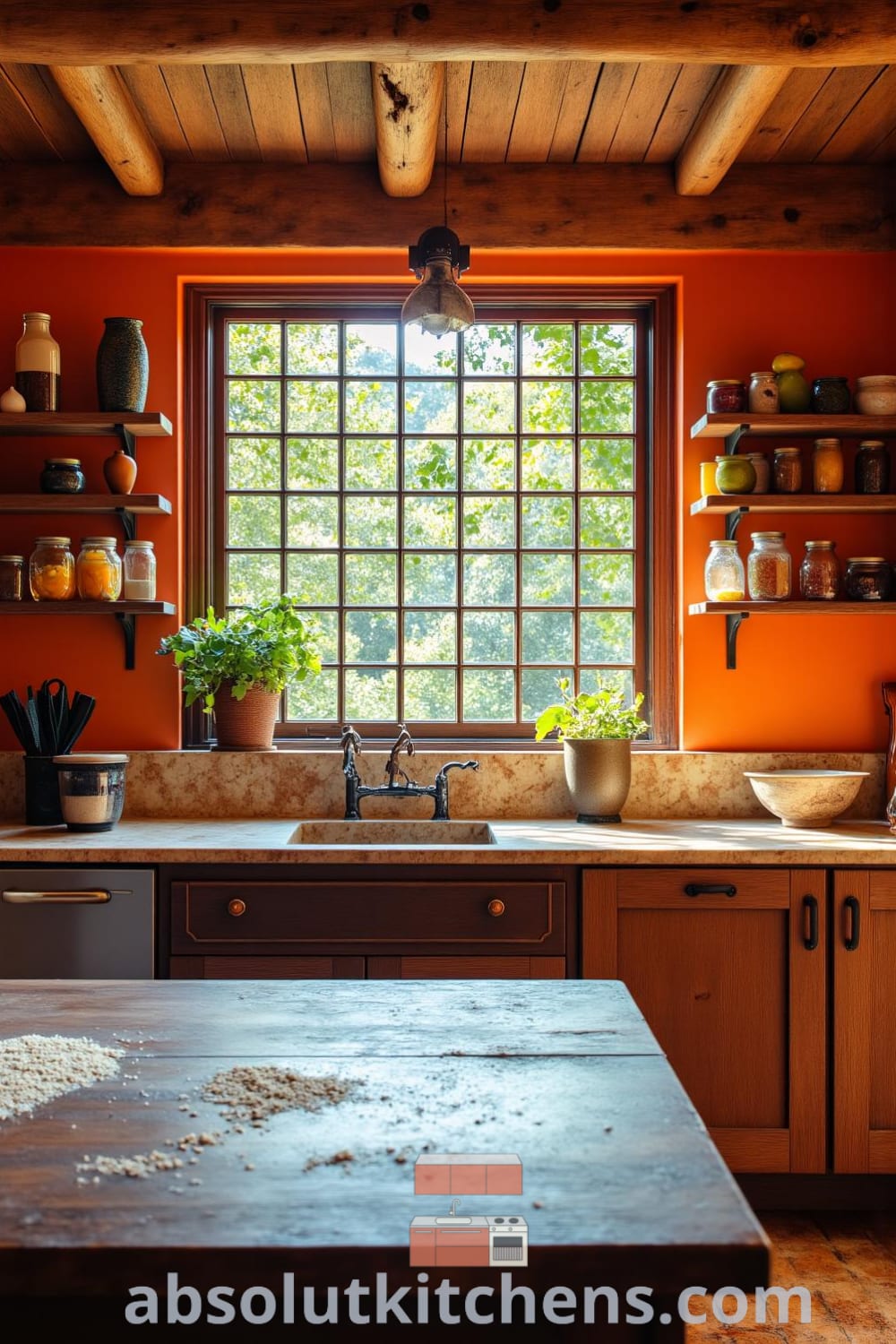 Rustic kitchen with exposed brick walls, heavy wooden beams, rough-hewn countertops, and handmade pottery, creating a cozy home atmosphere. Unique decor ideas include jars of preserved fruits, a worn baking table, and fresh herbs, providing inspiration for your home at fireplacesandwoodstoves.com.